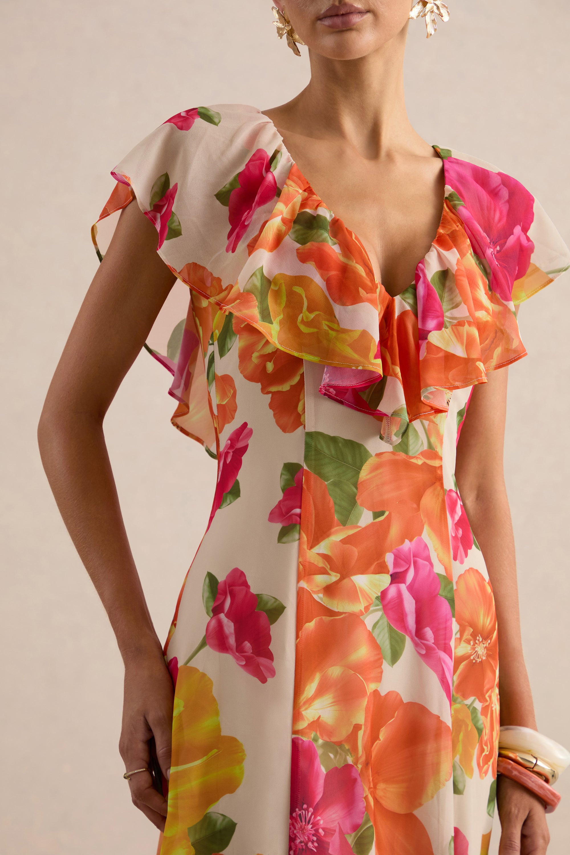 ECM_HR_CL138614070 - Naelle | Orange Floral Print Chiffon Plunge-Neck Maxi Dress With Ruffled Detailing 3.jpg