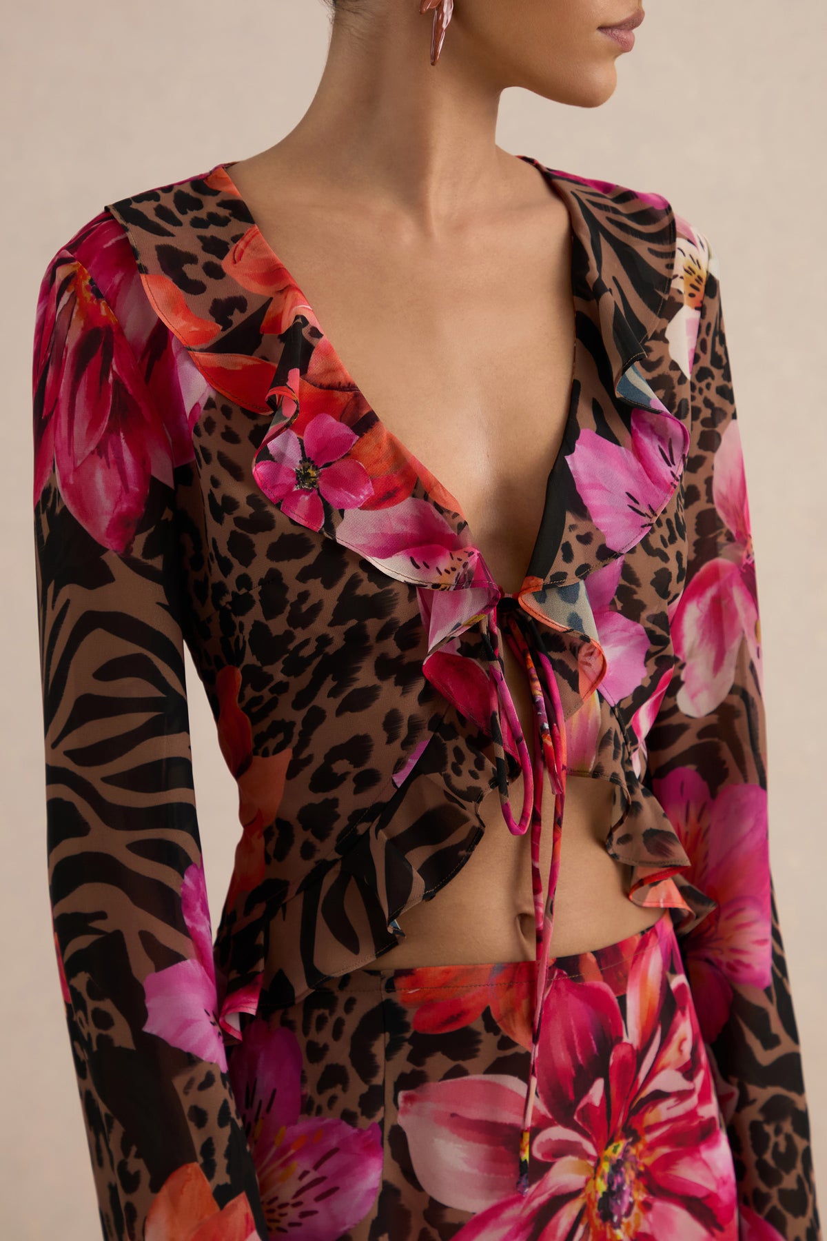 CL138620021 - Selina | Brown Sheer Animal And Floral Print Chiffon Plunge-Neck Top  11.jpg