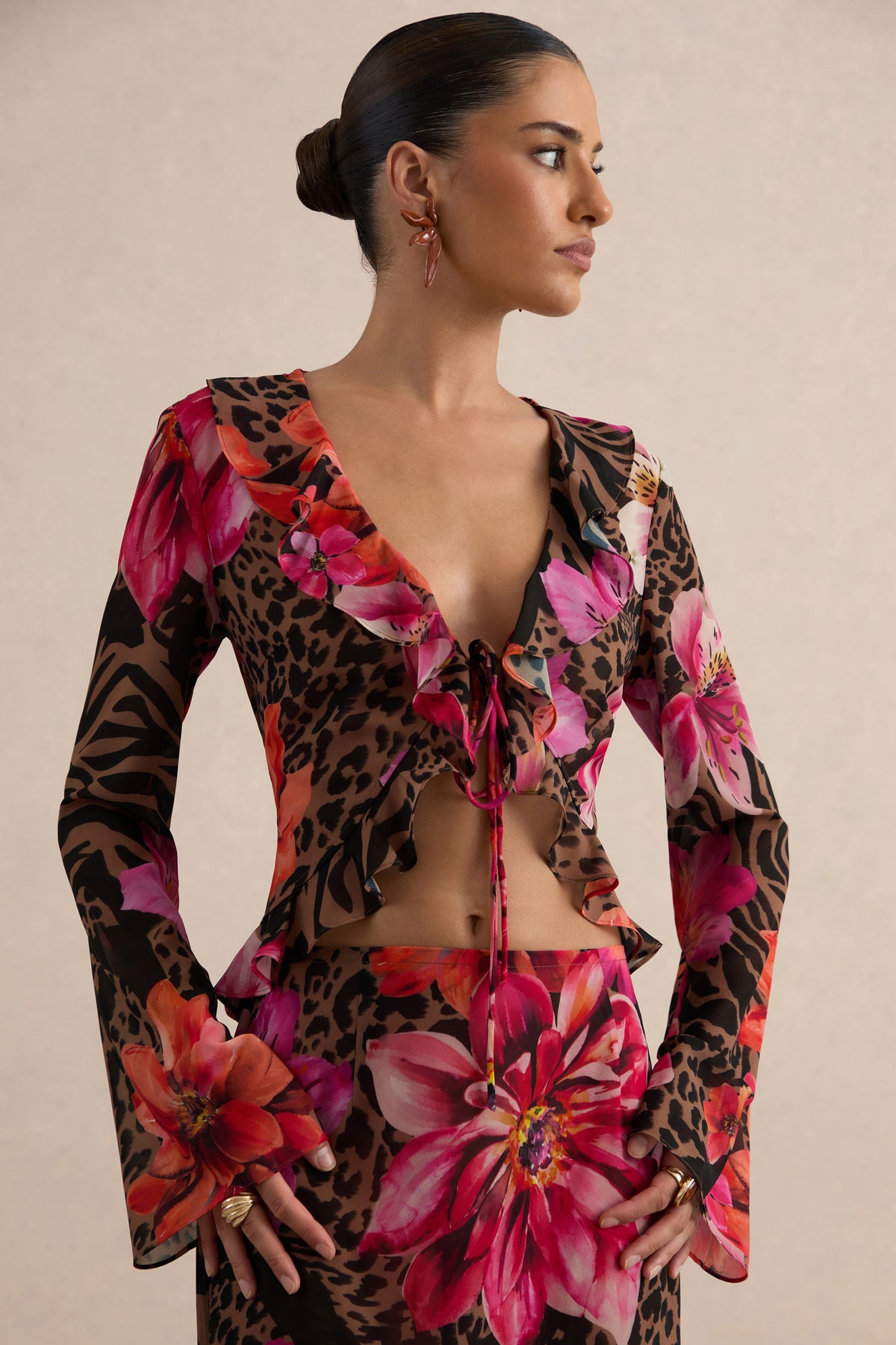 CL138620021 - Selina | Brown Sheer Animal And Floral Print Chiffon Plunge-Neck Top  7.jpg
