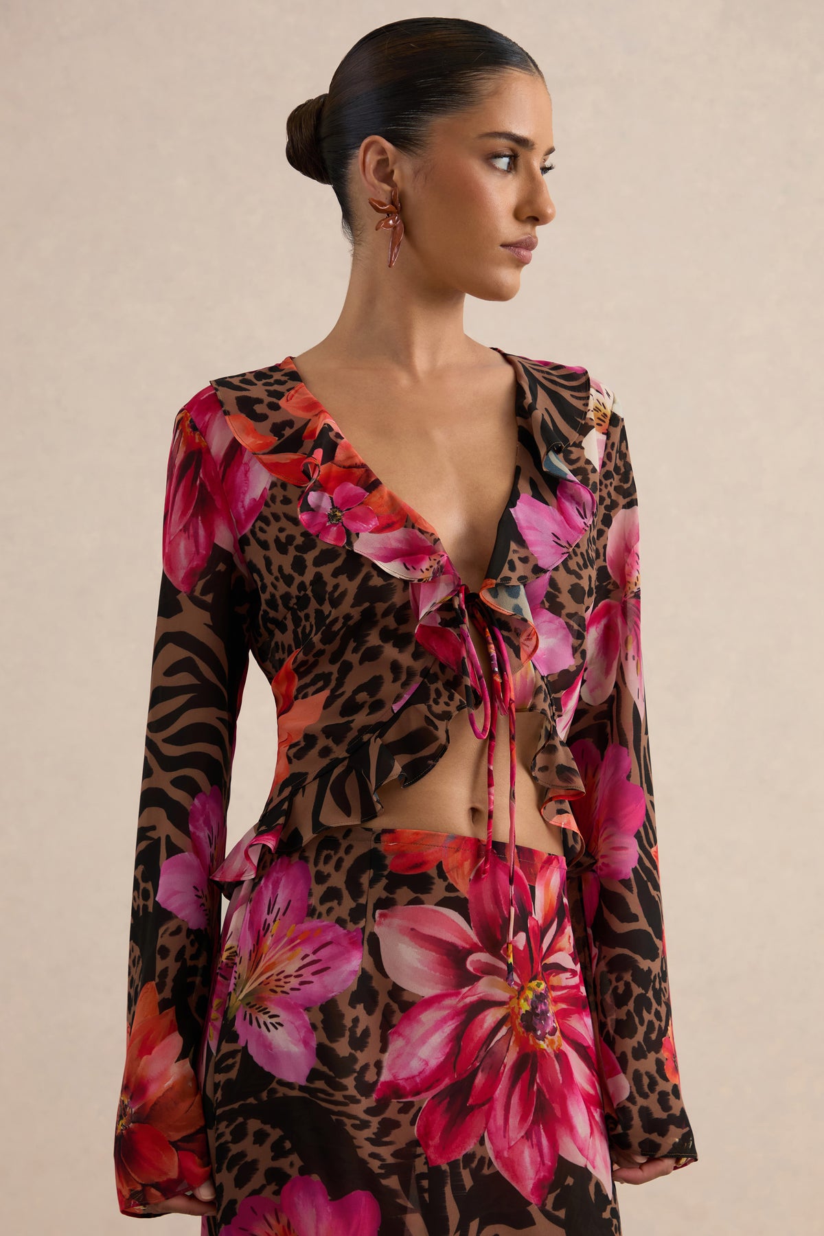 CL138620021 - Selina | Brown Sheer Animal And Floral Print Chiffon Plunge-Neck Top  9.jpg