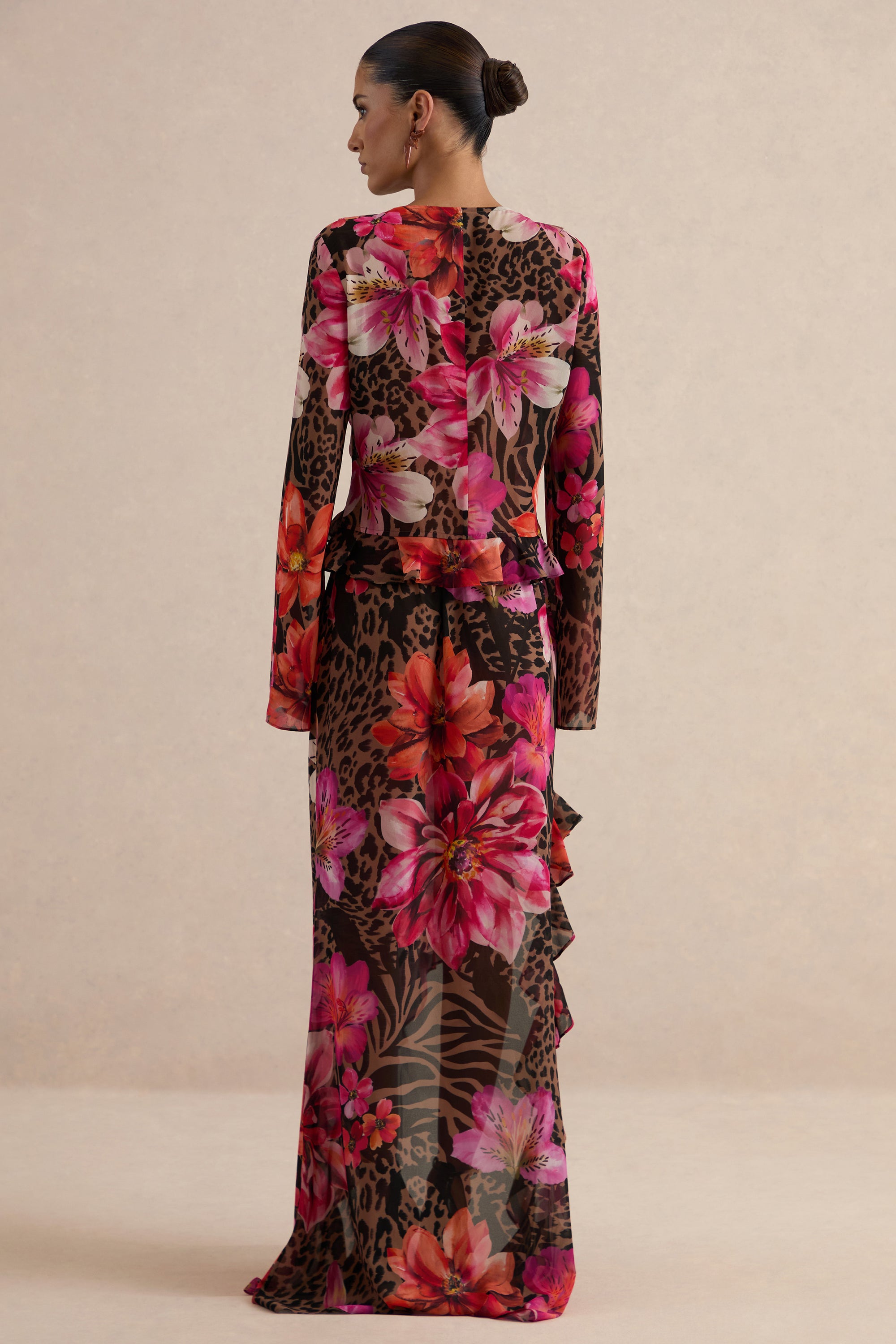 CL138621021 - Selina | Brown Sheer Animal And Floral Print Chiffon Maxi Skirt With Ruffled Detailing And Split 12.jpg