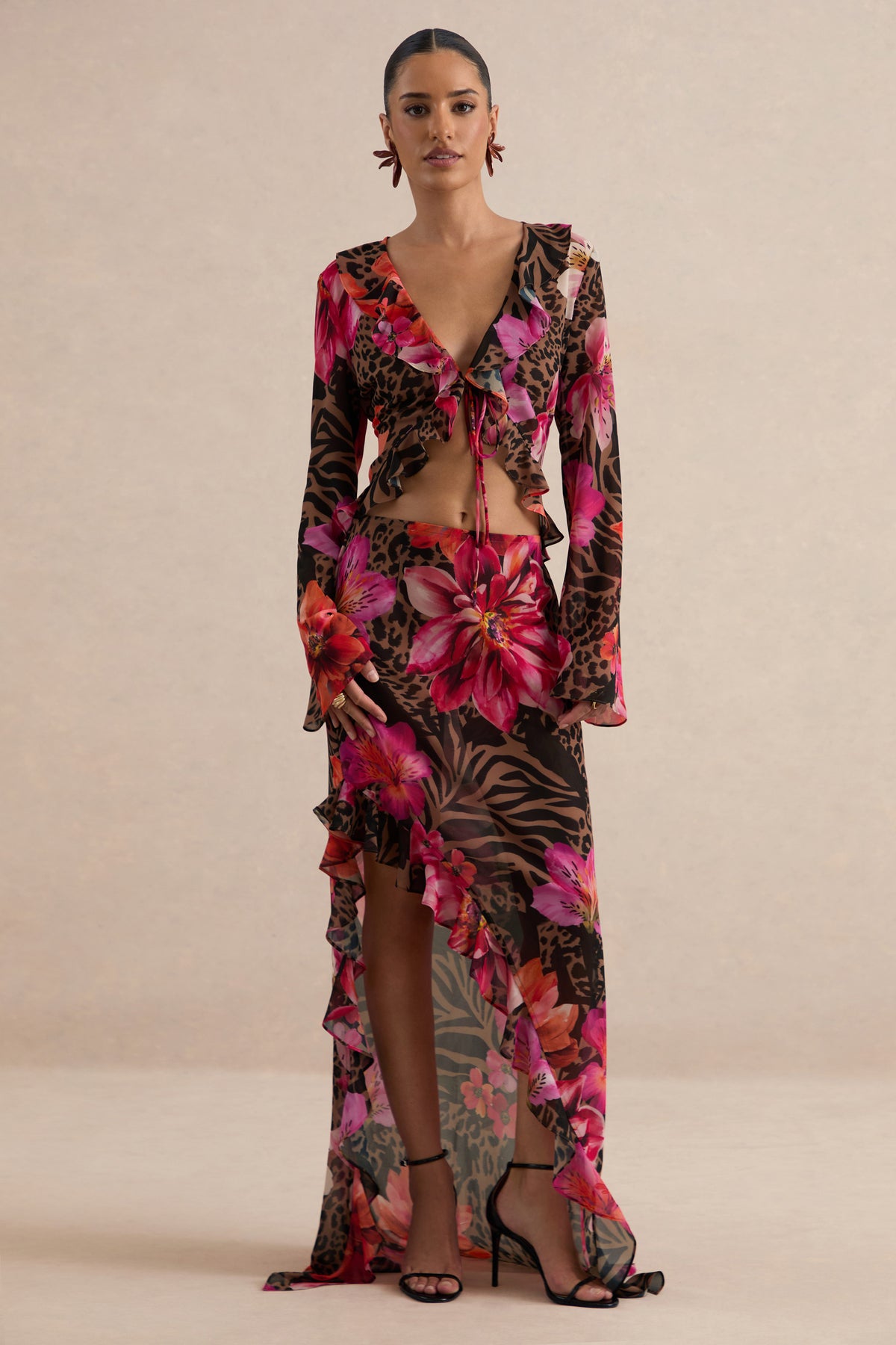 CL138621021 - Selina | Brown Sheer Animal And Floral Print Chiffon Maxi Skirt With Ruffled Detailing And Split 2.jpg