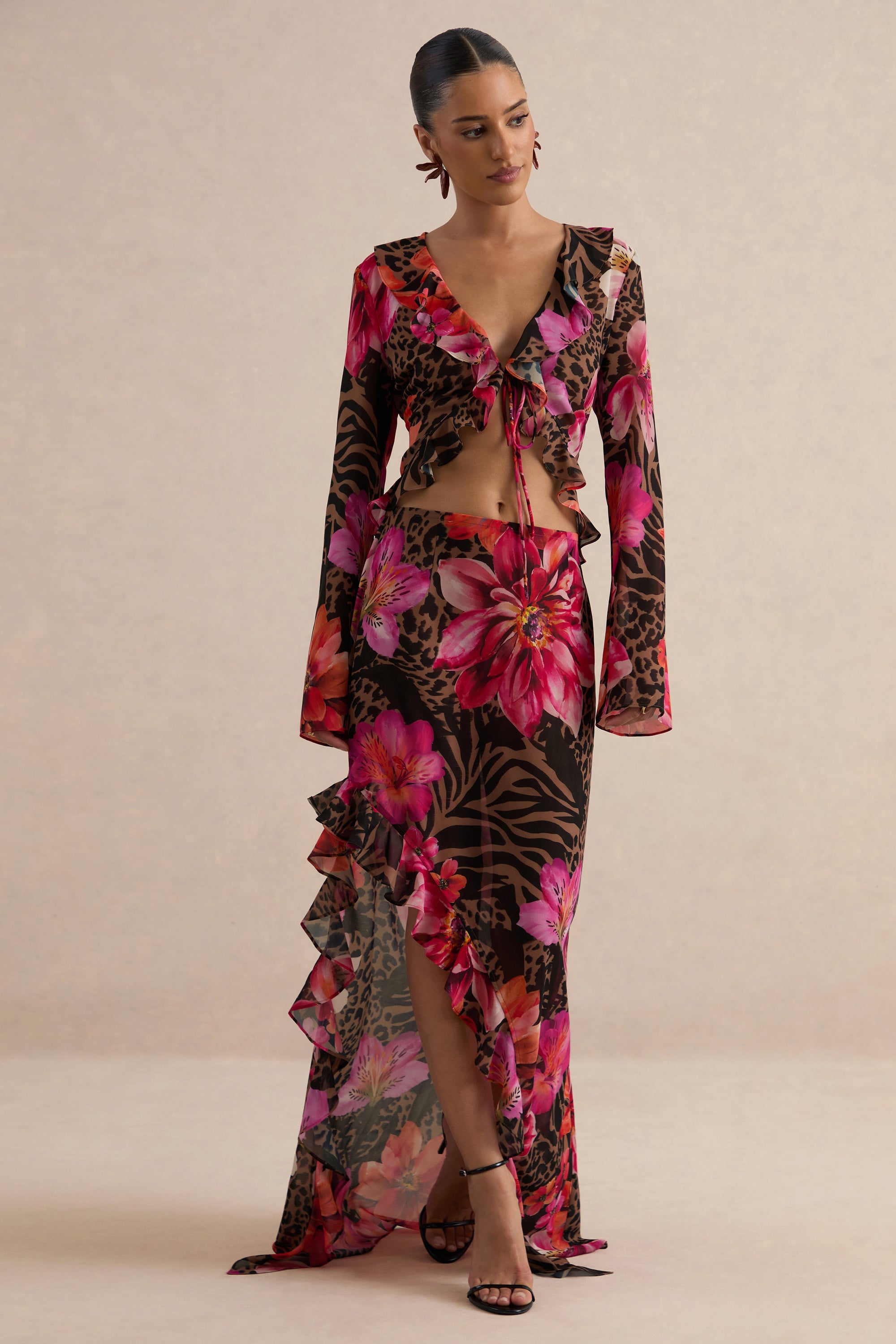 CL138621021 - Selina | Brown Sheer Animal And Floral Print Chiffon Maxi Skirt With Ruffled Detailing And Split 3.jpg