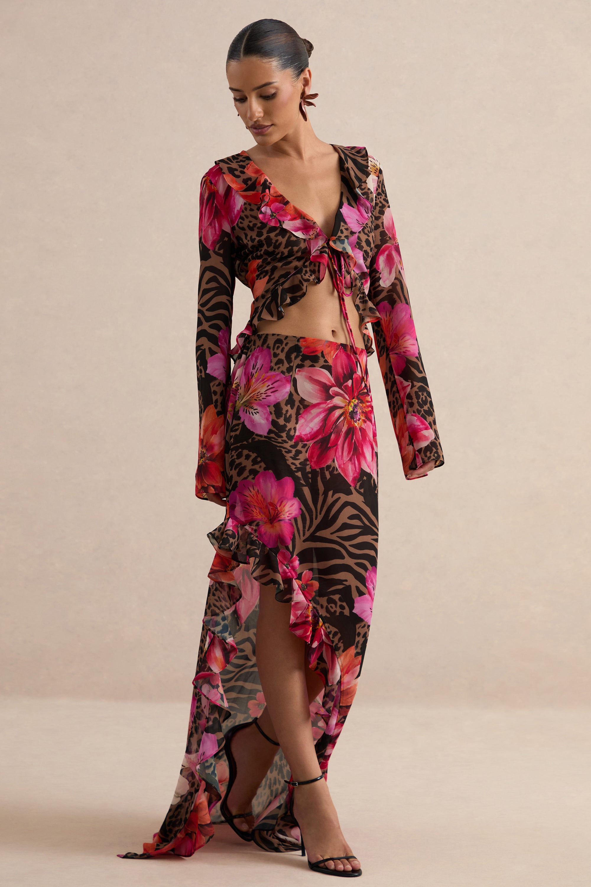 CL138621021 - Selina | Brown Sheer Animal And Floral Print Chiffon Maxi Skirt With Ruffled Detailing And Split 4.jpg