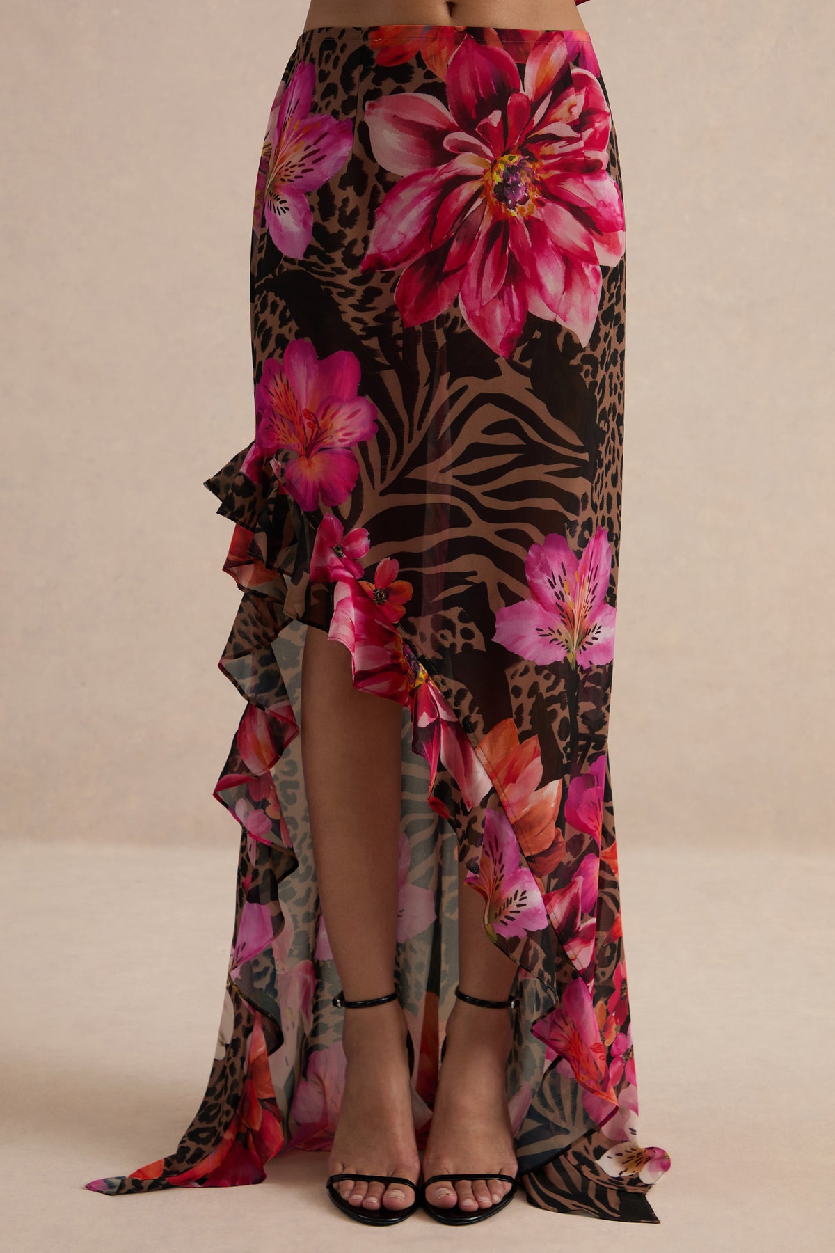 CL138621021 - Selina | Brown Sheer Animal And Floral Print Chiffon Maxi Skirt With Ruffled Detailing And Split 5.jpg