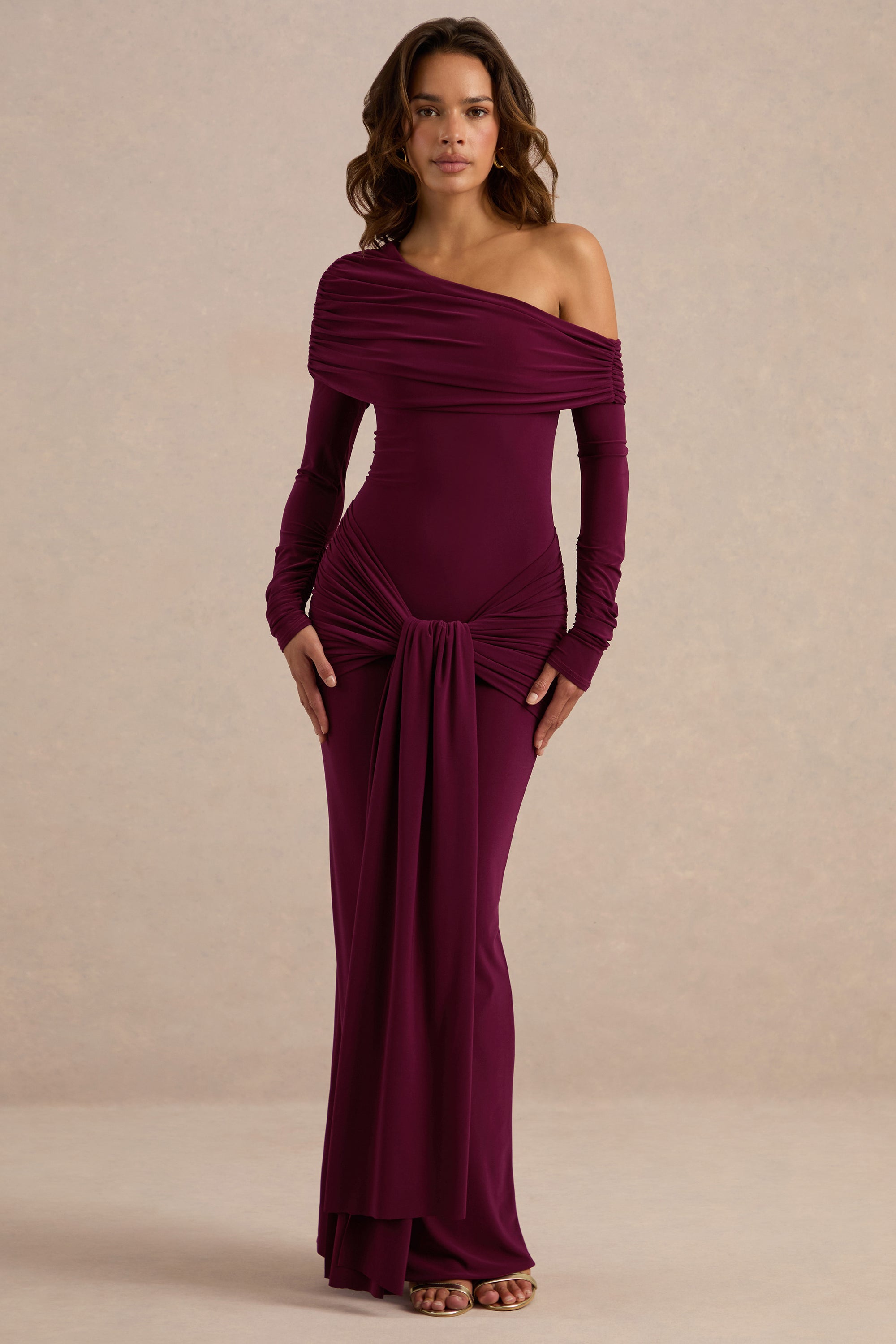 ECM_HR_CL138681102 - Avonlea Burgundy Asymmetric-Neck Maxi Dress With Gathered Detailing0.jpg