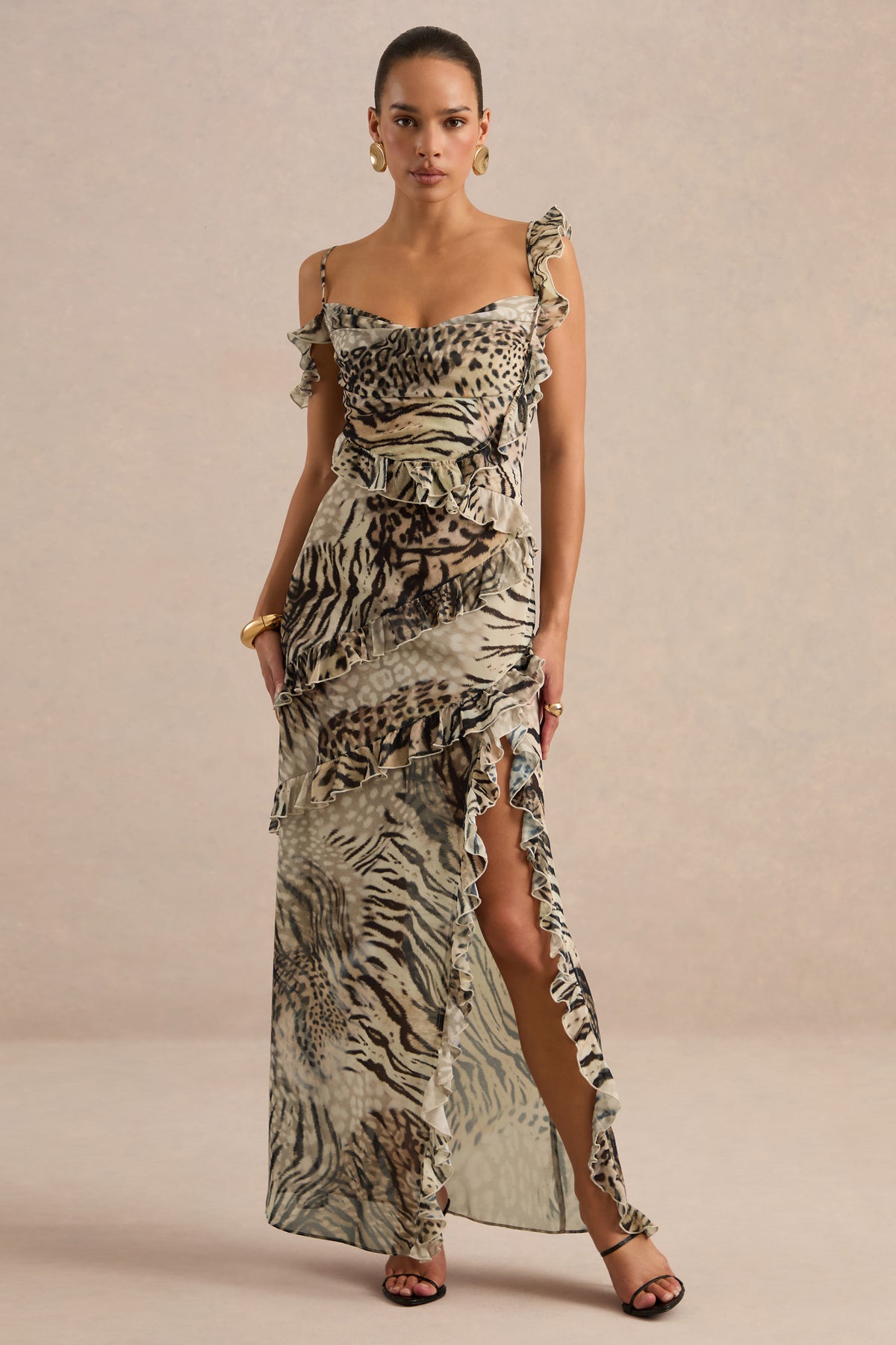 ECM_HR_CL138711021 - Zabelle Brown Animal Print Chiffon Square-Neck Maxi Dress With Ruffled Detailing1.jpg