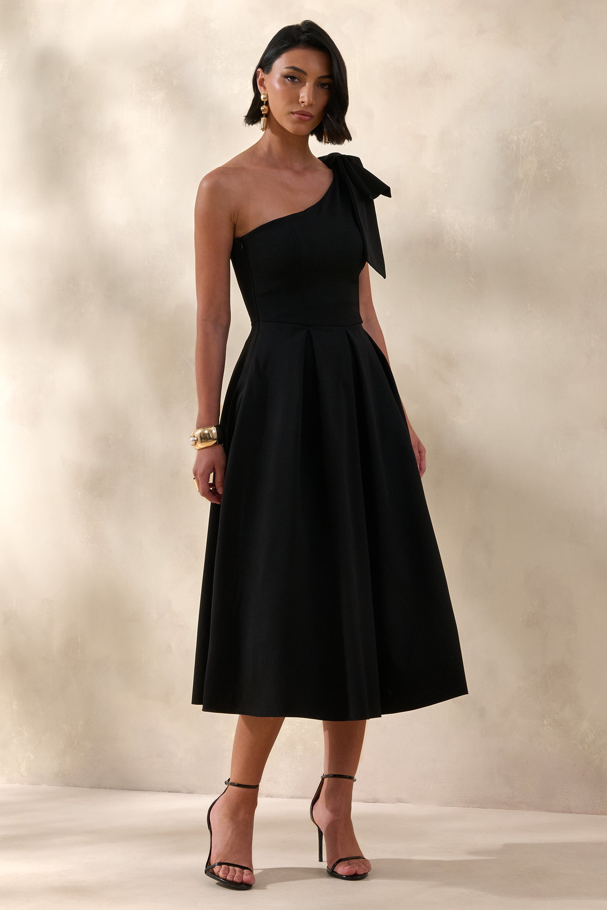 ECM_HR_CL138721001 - Meria | Black Asymmetric-Neck Midi Dress With Bow-Sleeve 1.jpg