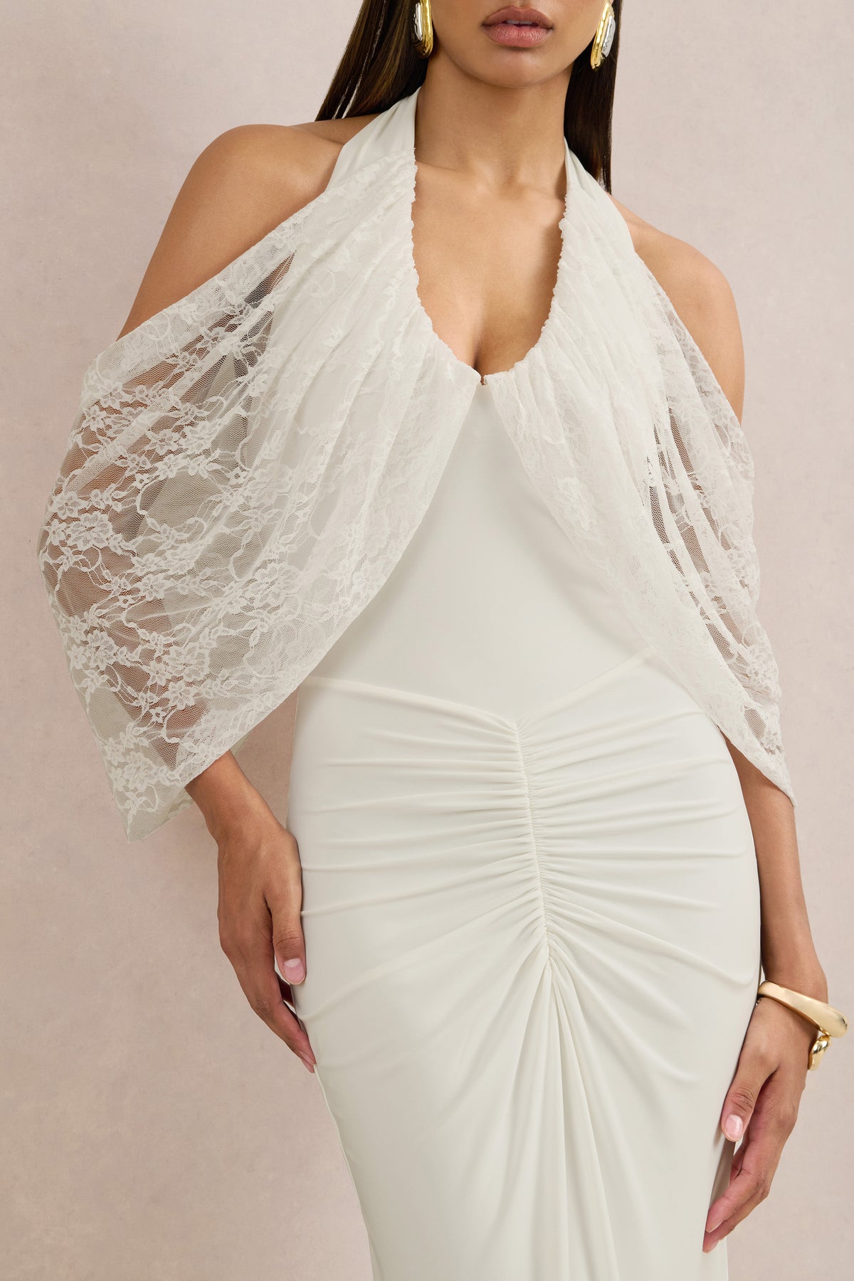 ECM_HR_CL138734110 - Chara _ White Halter-Neck Maxi Dress With Ruched Detailing And Lace Sleeves Detail3.jpg