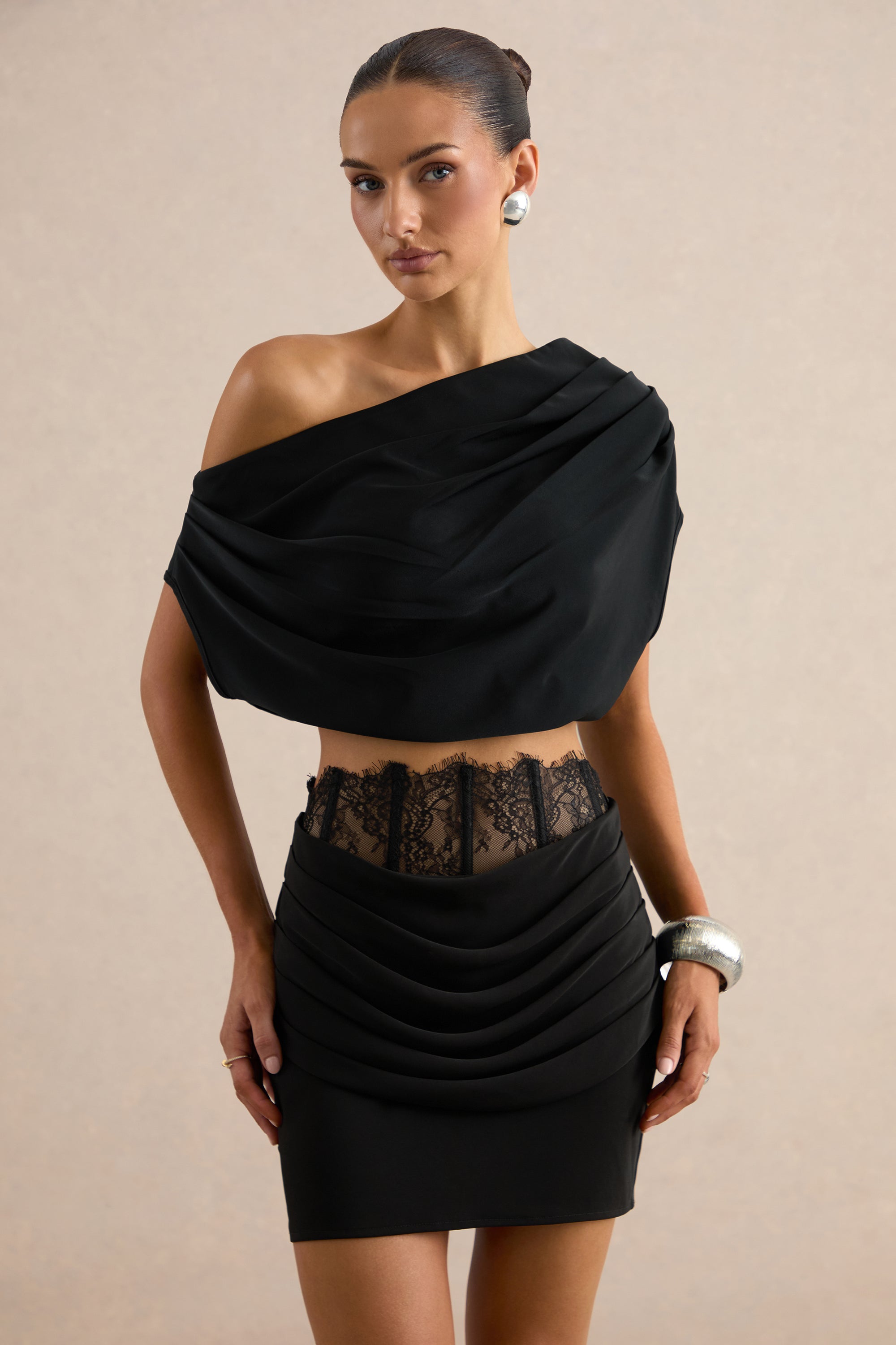 ECM_HR_CL138750001 - Dariana | Black Satin Mini Skirt With Lace Detail And Draped Detailing 6.jpg