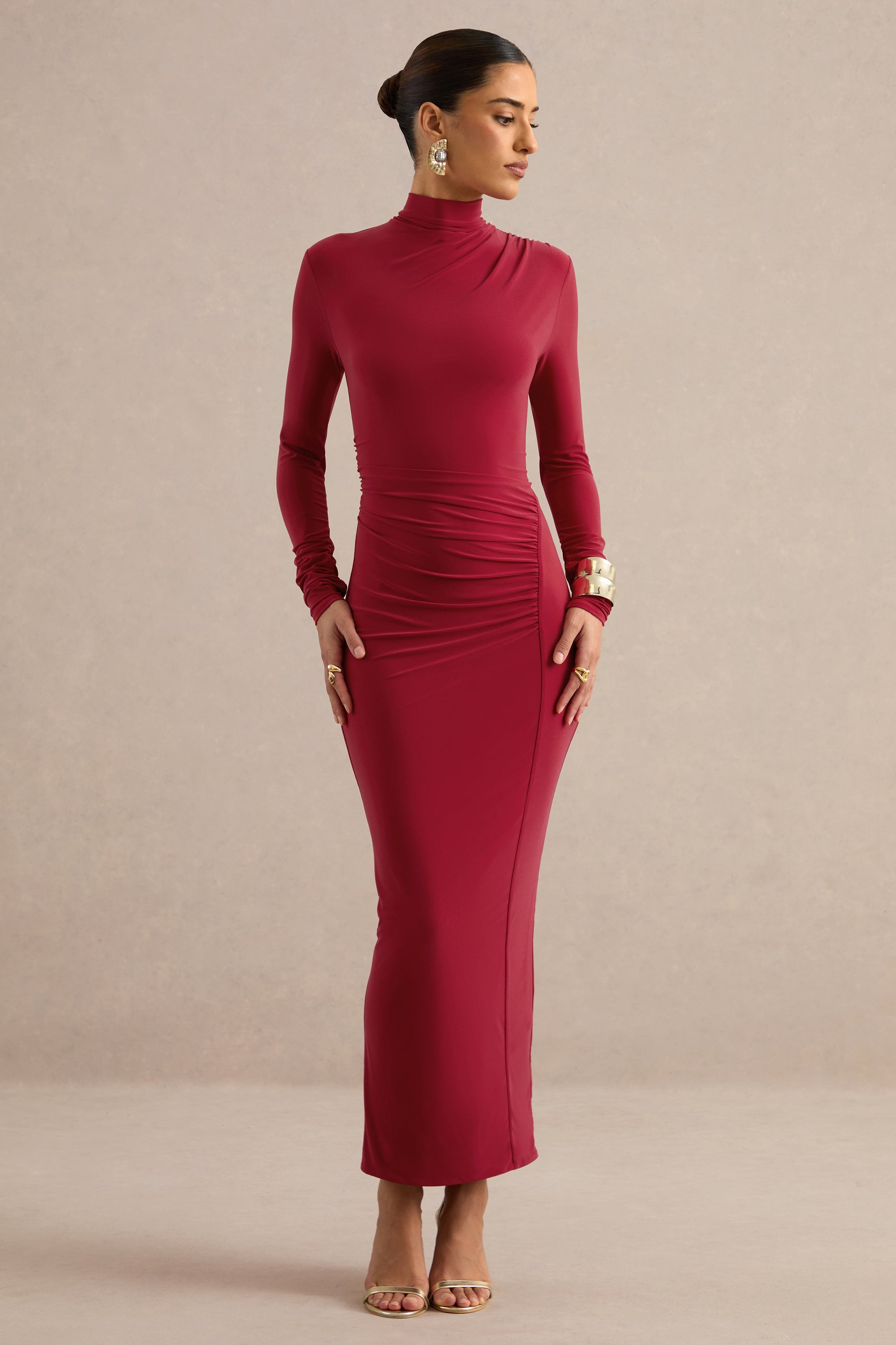 ECM_HR_CL138779100 - Erienne | Red High-Neck Maxi Dress With Draped Detailing0.jpg