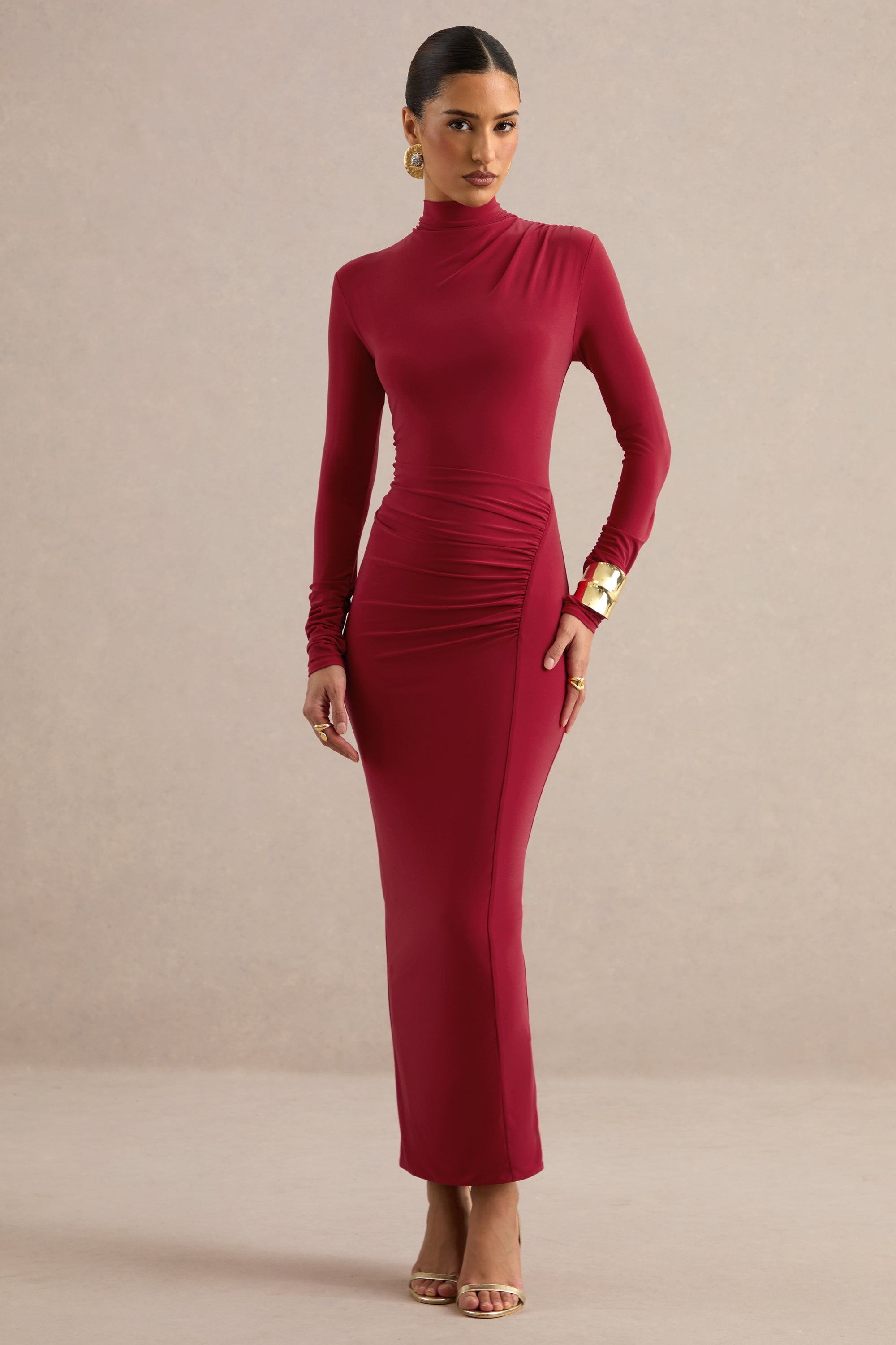 ECM_HR_CL138779100 - Erienne | Red High-Neck Maxi Dress With Draped Detailing1.jpg