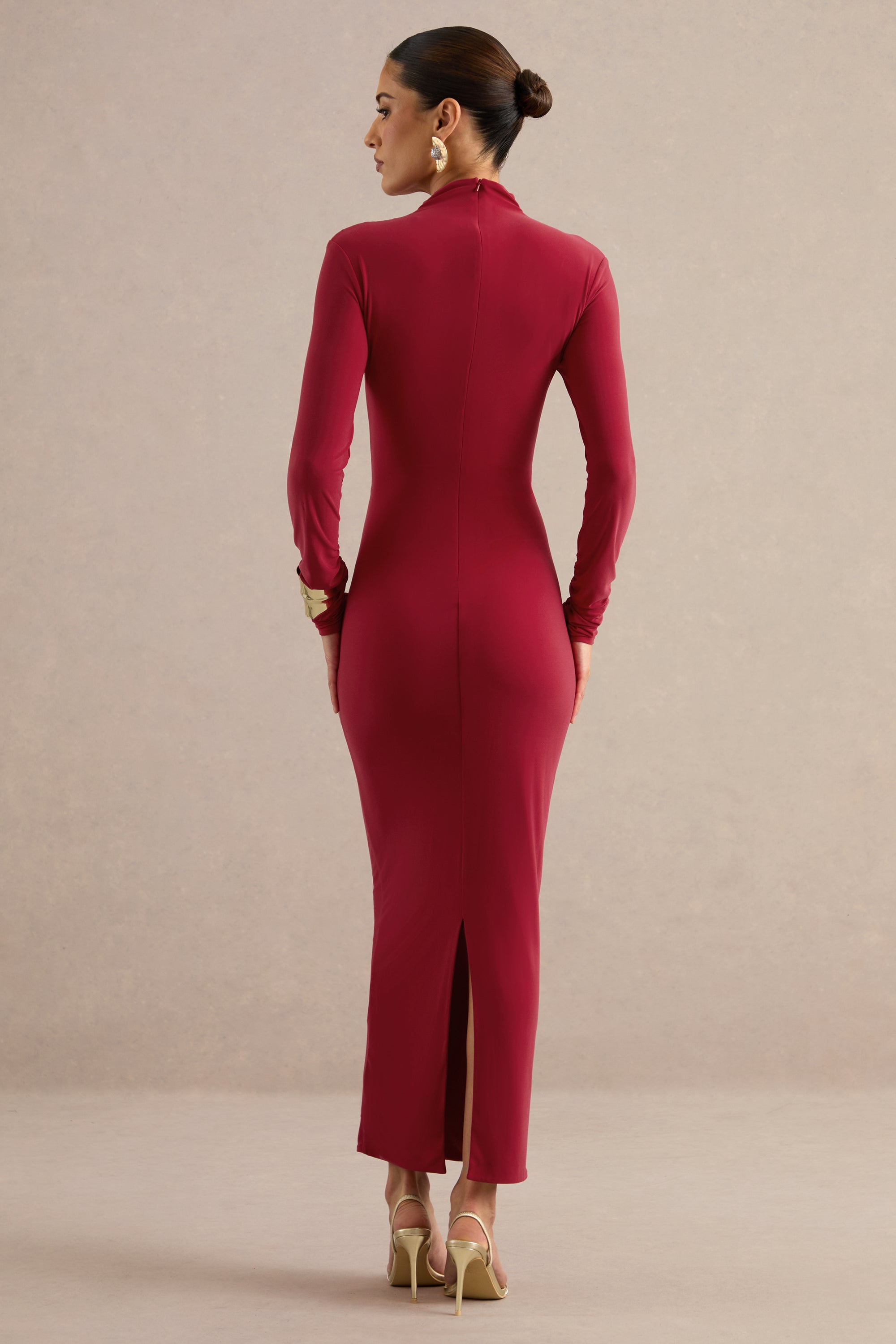 ECM_HR_CL138779100 - Erienne | Red High-Neck Maxi Dress With Draped Detailing5.jpg