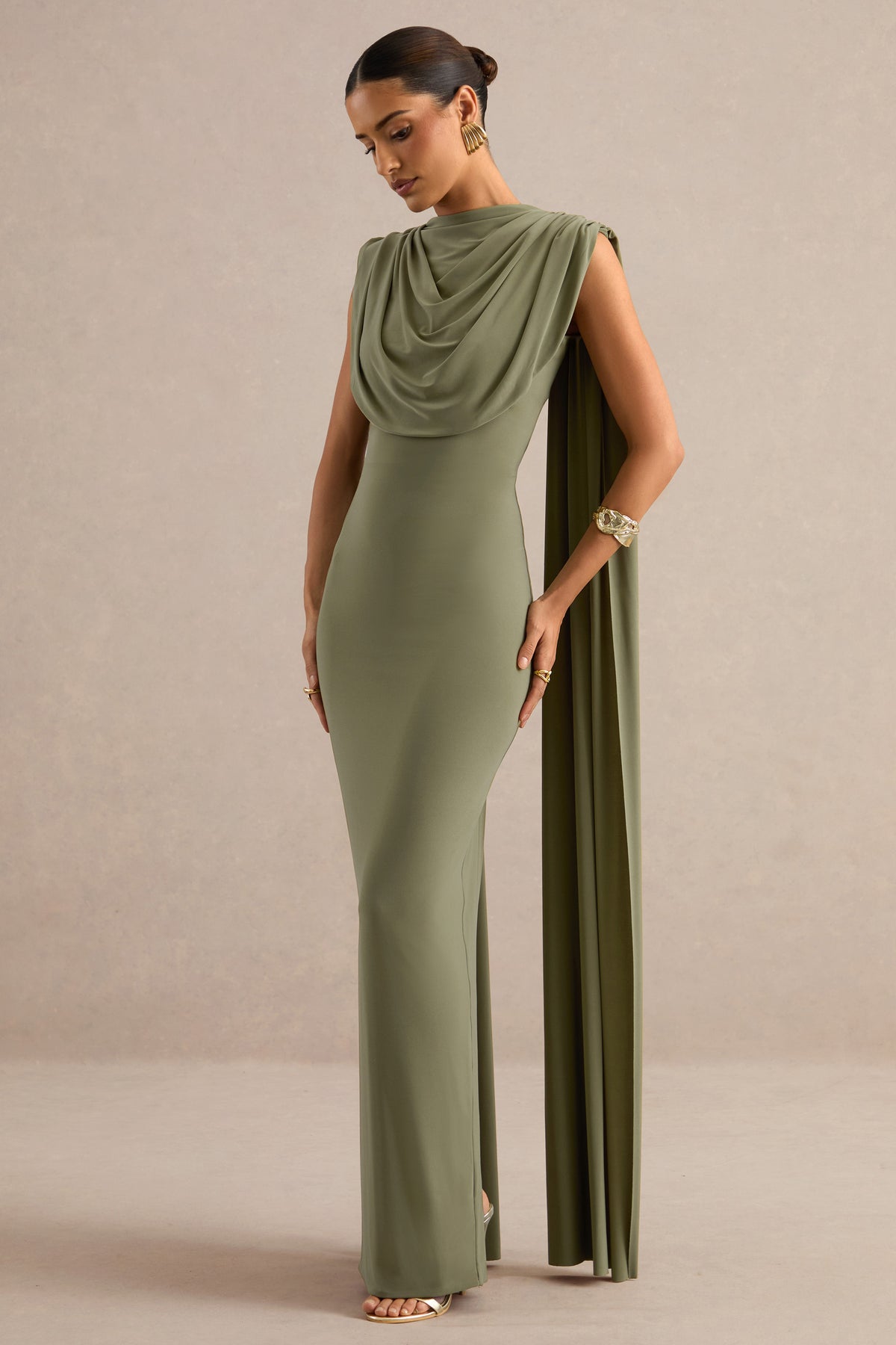 ECM_HR_CL138796031 - Hanina | Olive Round-Neck Maxi Dress With Draped Detailing And Cape Sleeves 2.jpg