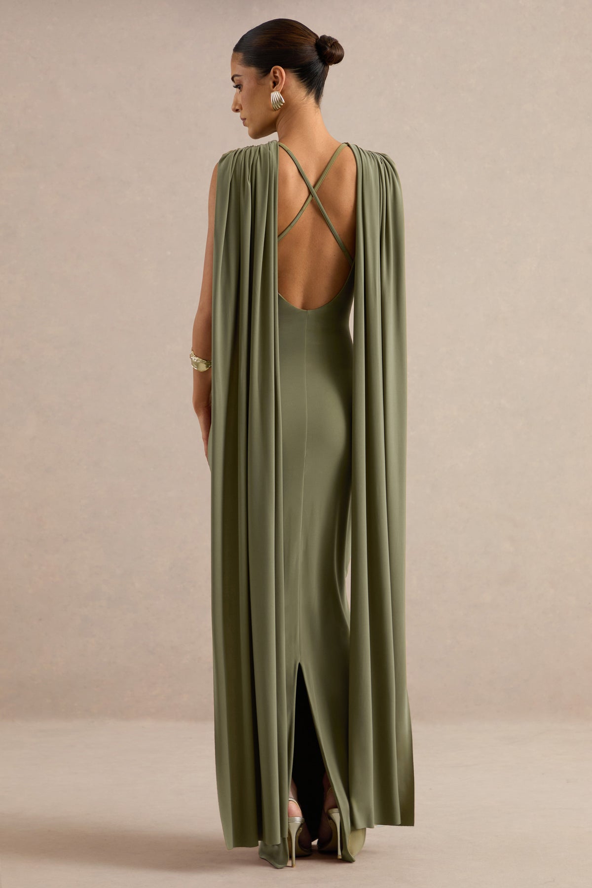 ECM_HR_CL138796031 - Hanina | Olive Round-Neck Maxi Dress With Draped Detailing And Cape Sleeves 4.jpg