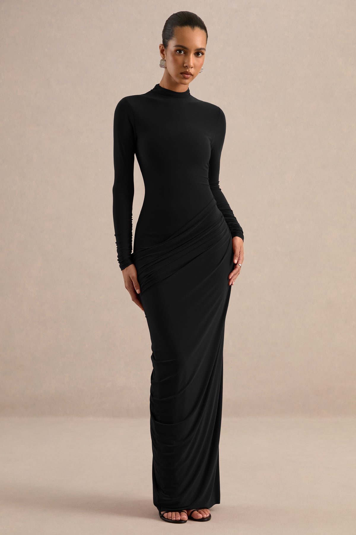 ECM_HR_CL138809001 - Zelara Black High-Neck Maxi Dress With Draped Detailing2.jpg