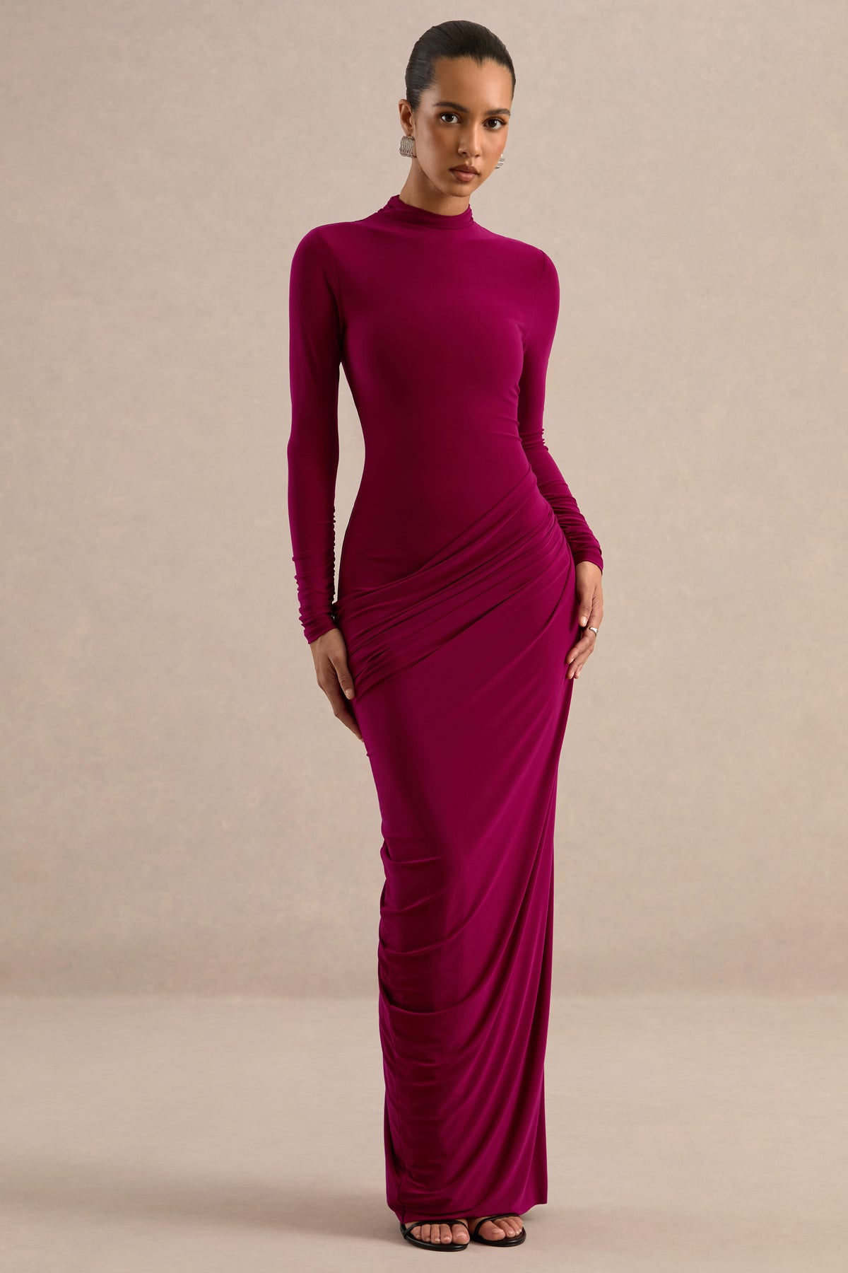 ECM_HR_CL138809102 - Zelara Burgundy High-Neck Maxi Dress With Draped Detailing2.jpg