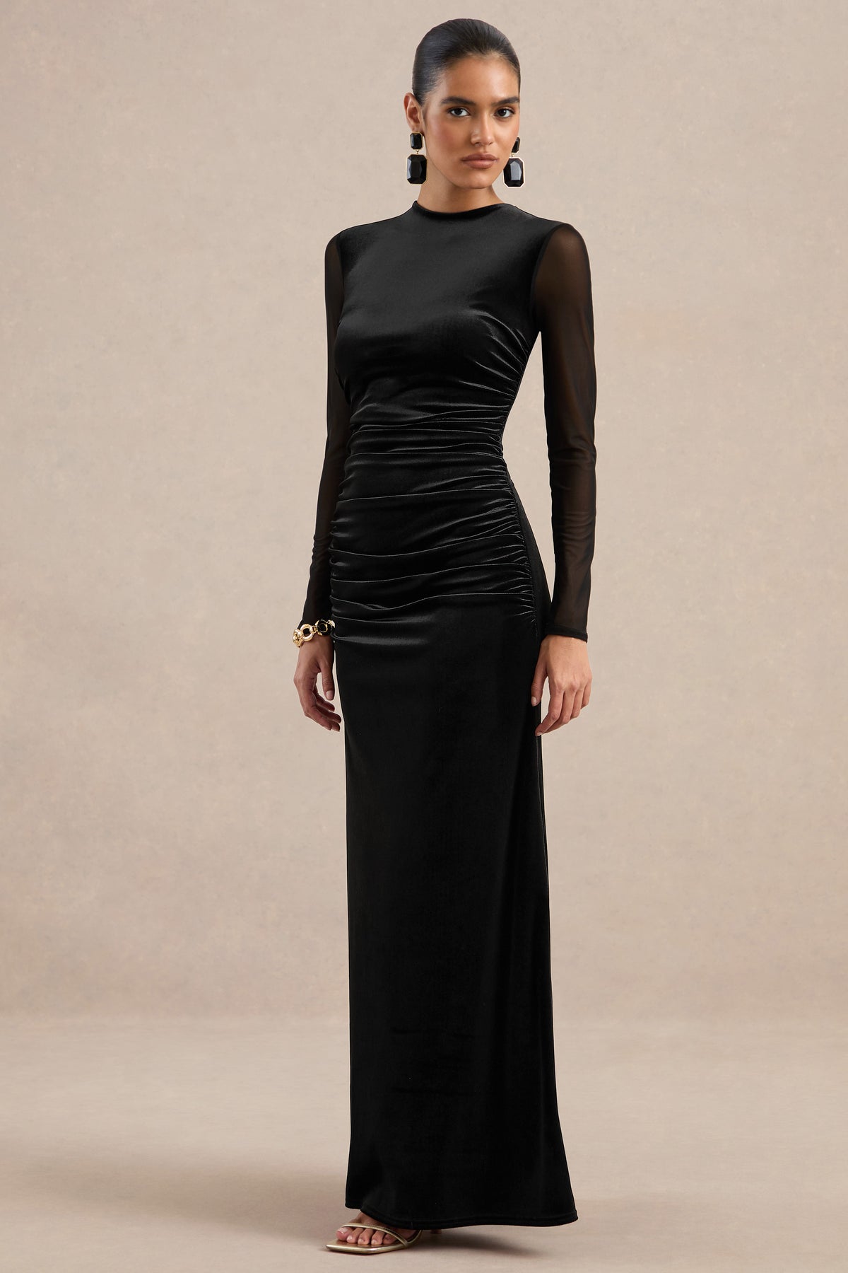 ECM_HR_CL138896001 - Marielle _ Black Velvet Round Neck Long Sleeve Fitted Maxi Dress With Gathered Detailing And Mesh Sleeves0.jpg
