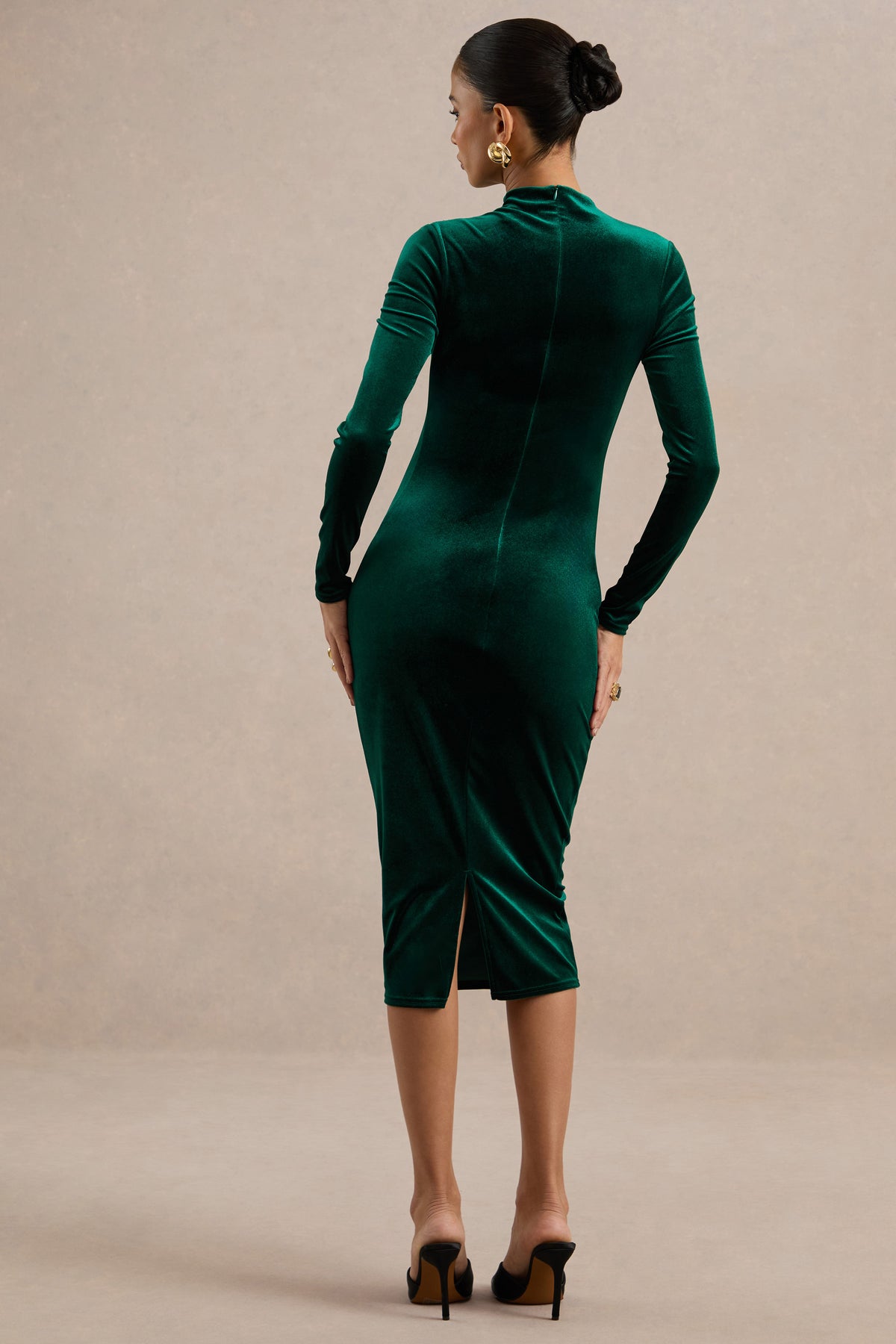ECM_HR_CL139341038 - Perelina _ Dark Green Velvet High Neck Long Sleeve Maternity Midi Dress With Gathered Detailing5.jpg