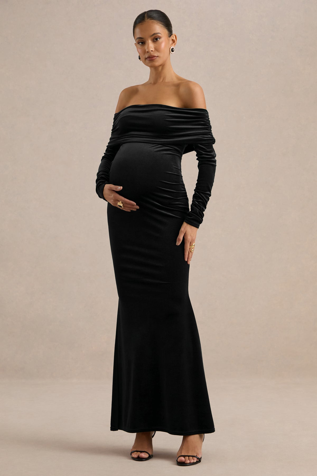 ECM_HR_CL139348001 - Saevana _ Black Velvet Bardot Long Sleeve Maternity Maxi Dress With Gathered Detailing0.jpg