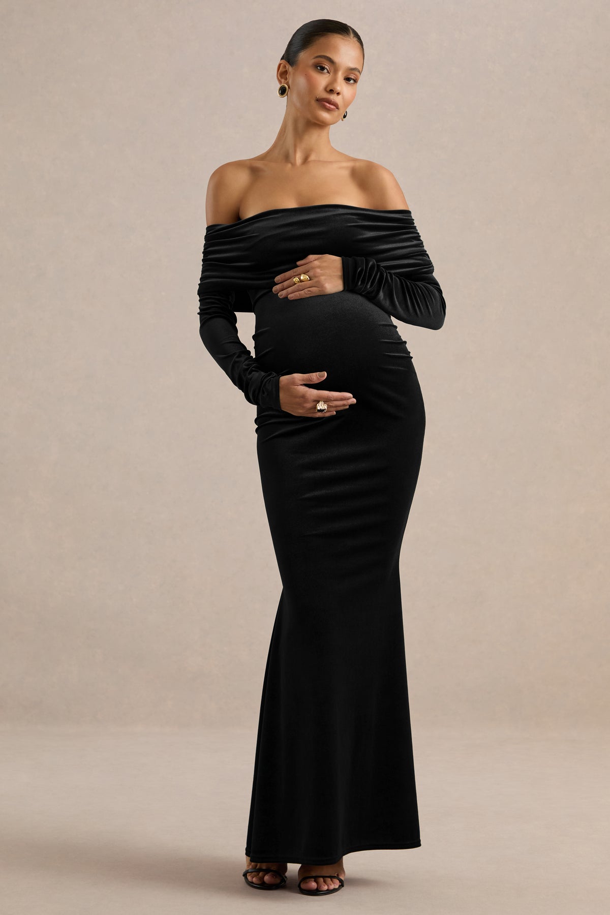 ECM_HR_CL139348001 - Saevana _ Black Velvet Bardot Long Sleeve Maternity Maxi Dress With Gathered Detailing1.jpg