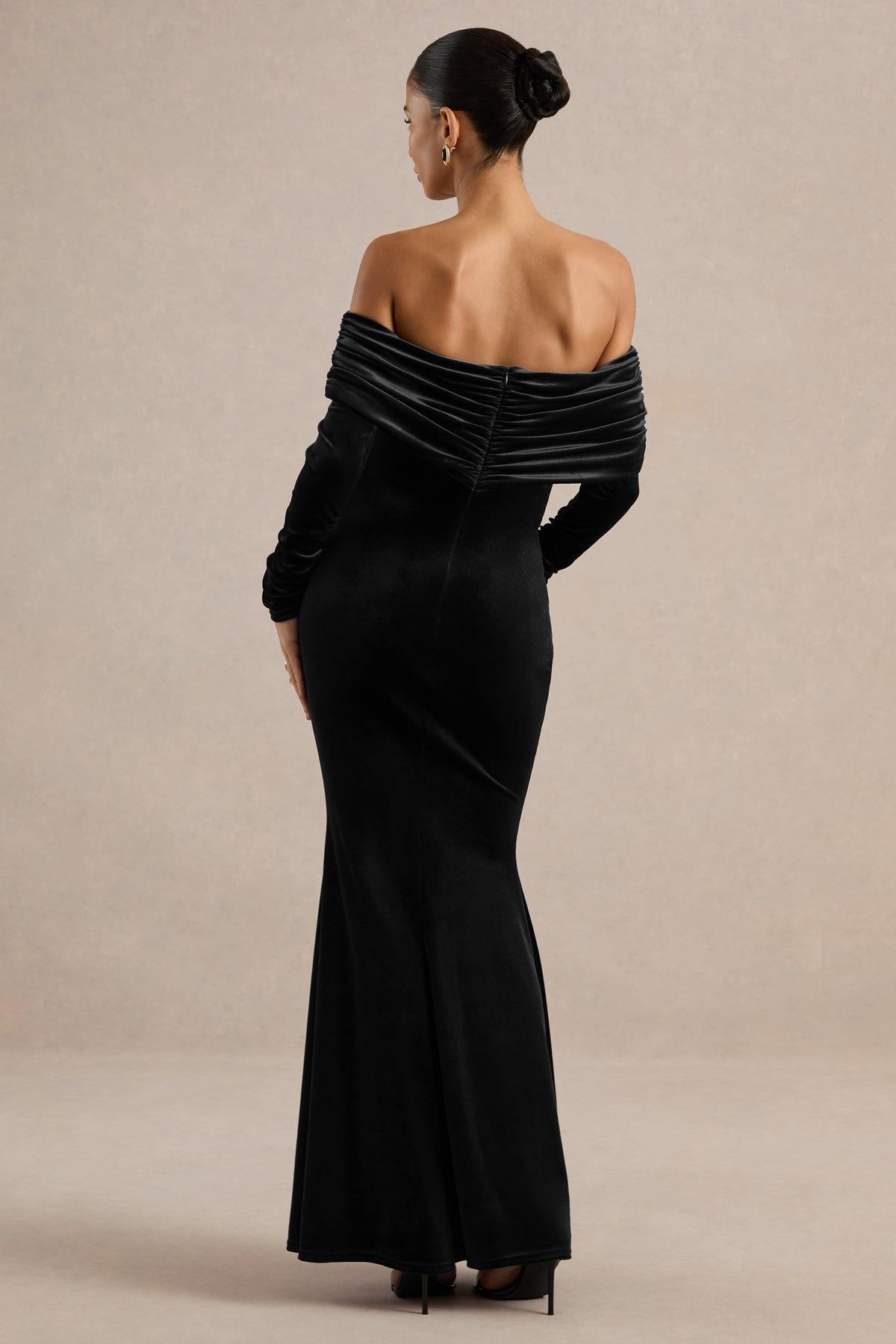 ECM_HR_CL139348001 - Saevana _ Black Velvet Bardot Long Sleeve Maternity Maxi Dress With Gathered Detailing5.jpg