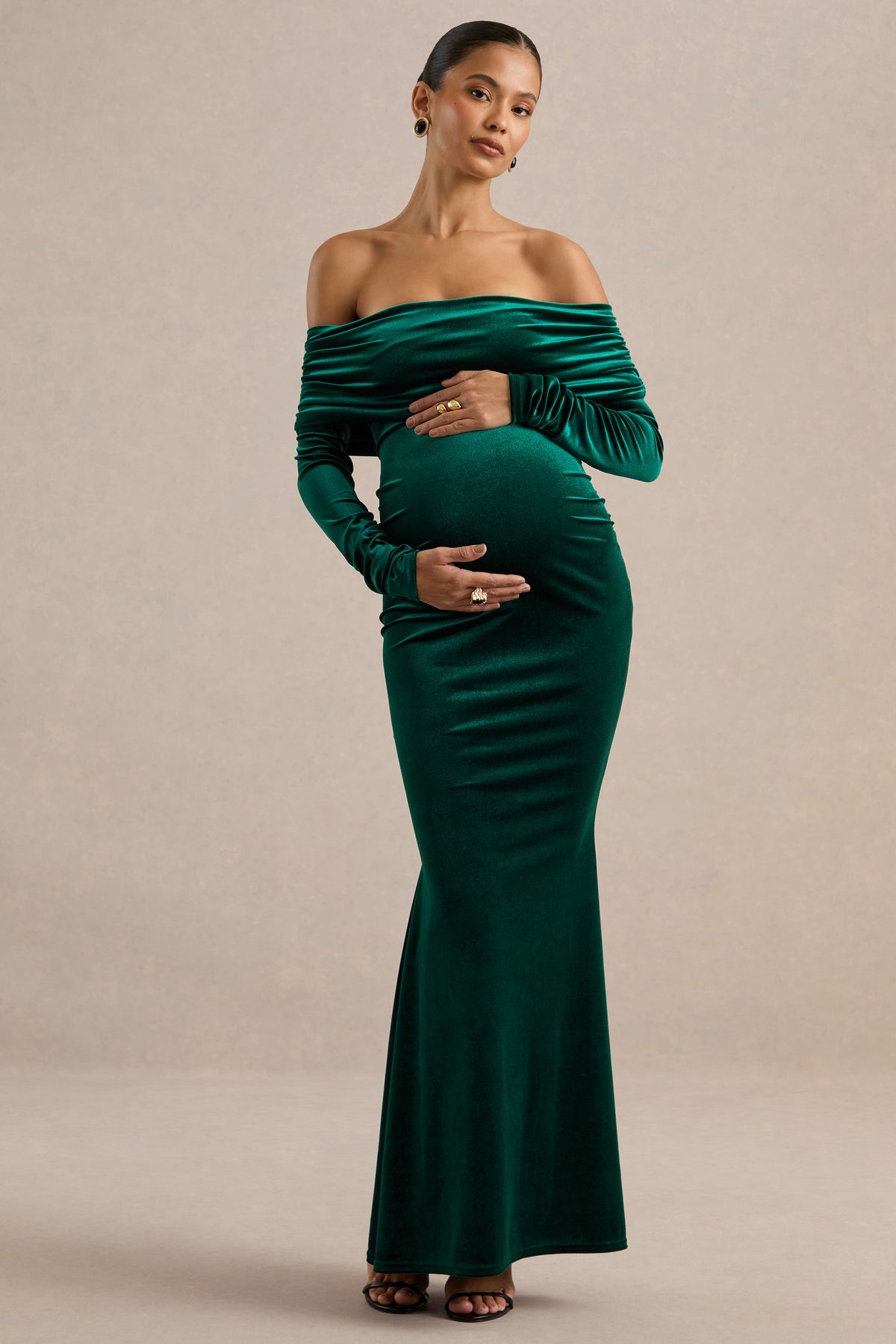 ECM_HR_CL139348038 - Saevana _ Dark Green Velvet Bardot Long Sleeve Maternity Maxi Dress With Gathered Detailing1.jpg