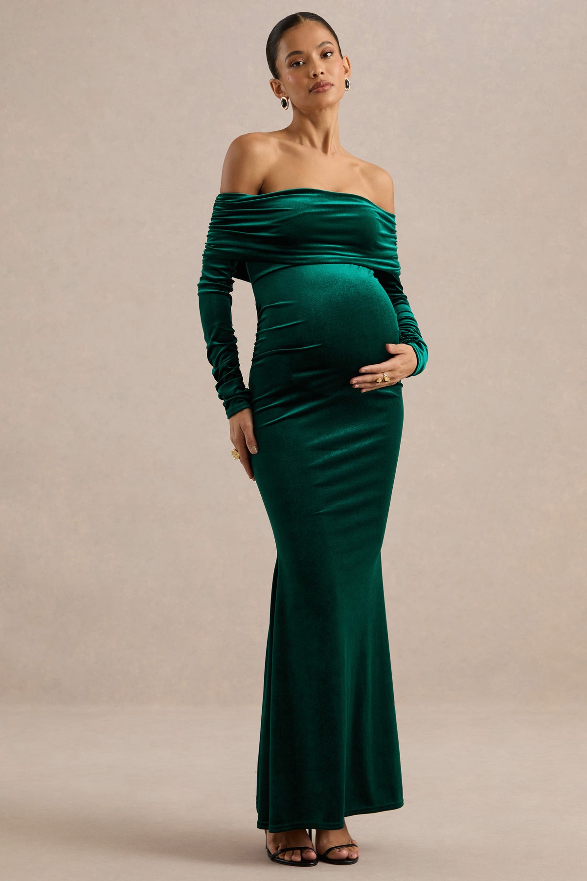 ECM_HR_CL139348038 - Saevana _ Dark Green Velvet Bardot Long Sleeve Maternity Maxi Dress With Gathered Detailing2.jpg