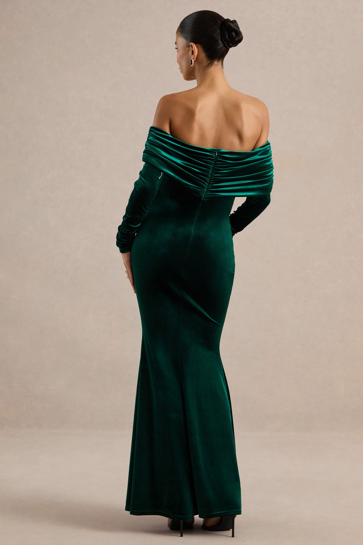 ECM_HR_CL139348038 - Saevana _ Dark Green Velvet Bardot Long Sleeve Maternity Maxi Dress With Gathered Detailing5.jpg