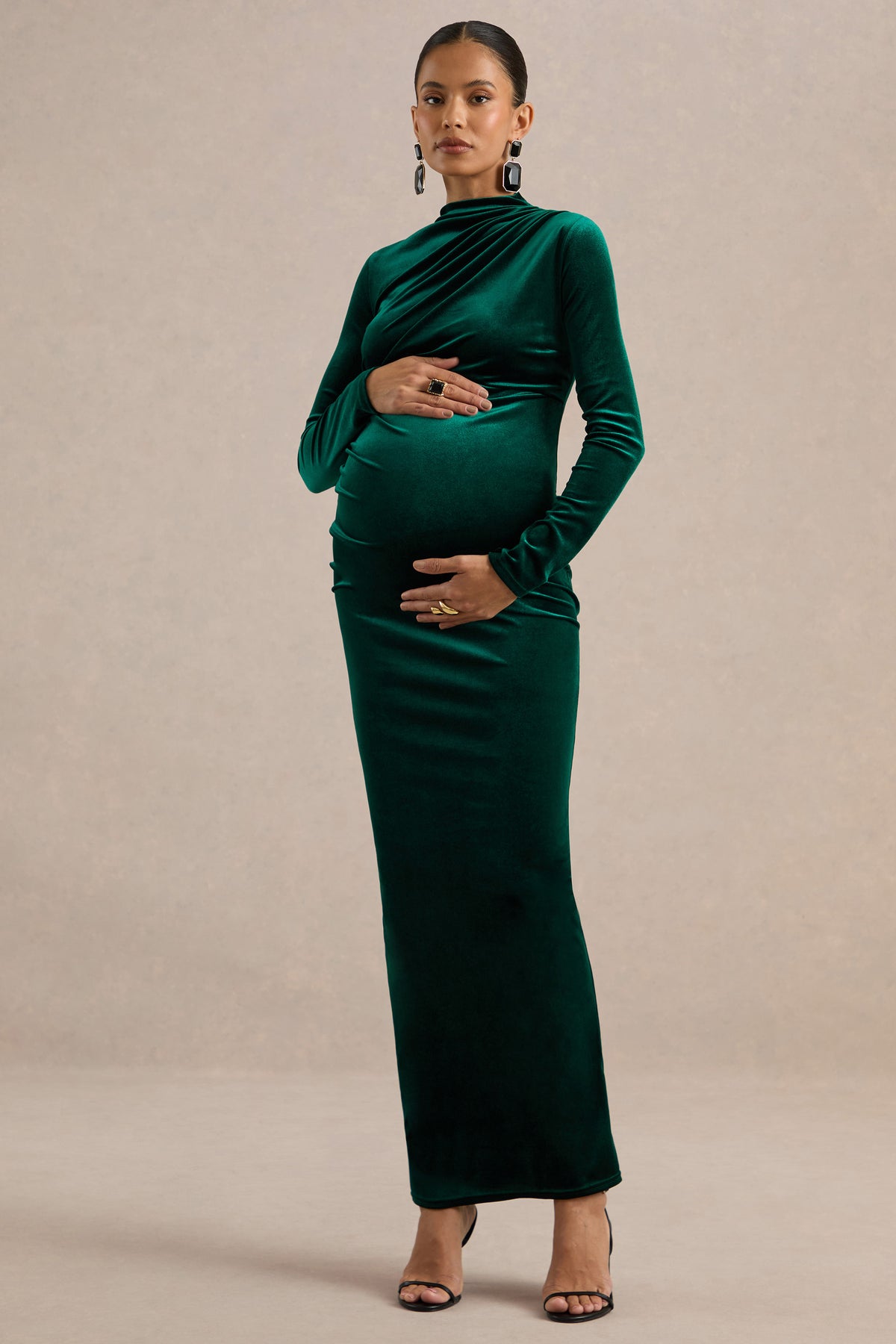 ECM_HR_CL139349038 - Kalana _ Dark Brown Velvet High Neck Long Sleeve Maternity Maxi Dess With Gathered Detailing And Back Split1.jpg