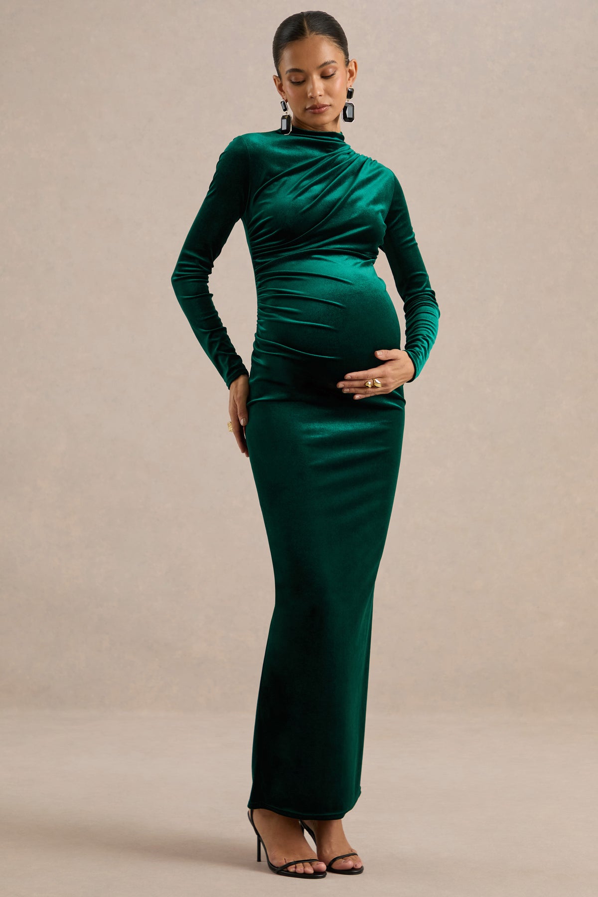 ECM_HR_CL139349038 - Kalana _ Dark Brown Velvet High Neck Long Sleeve Maternity Maxi Dess With Gathered Detailing And Back Split2.jpg