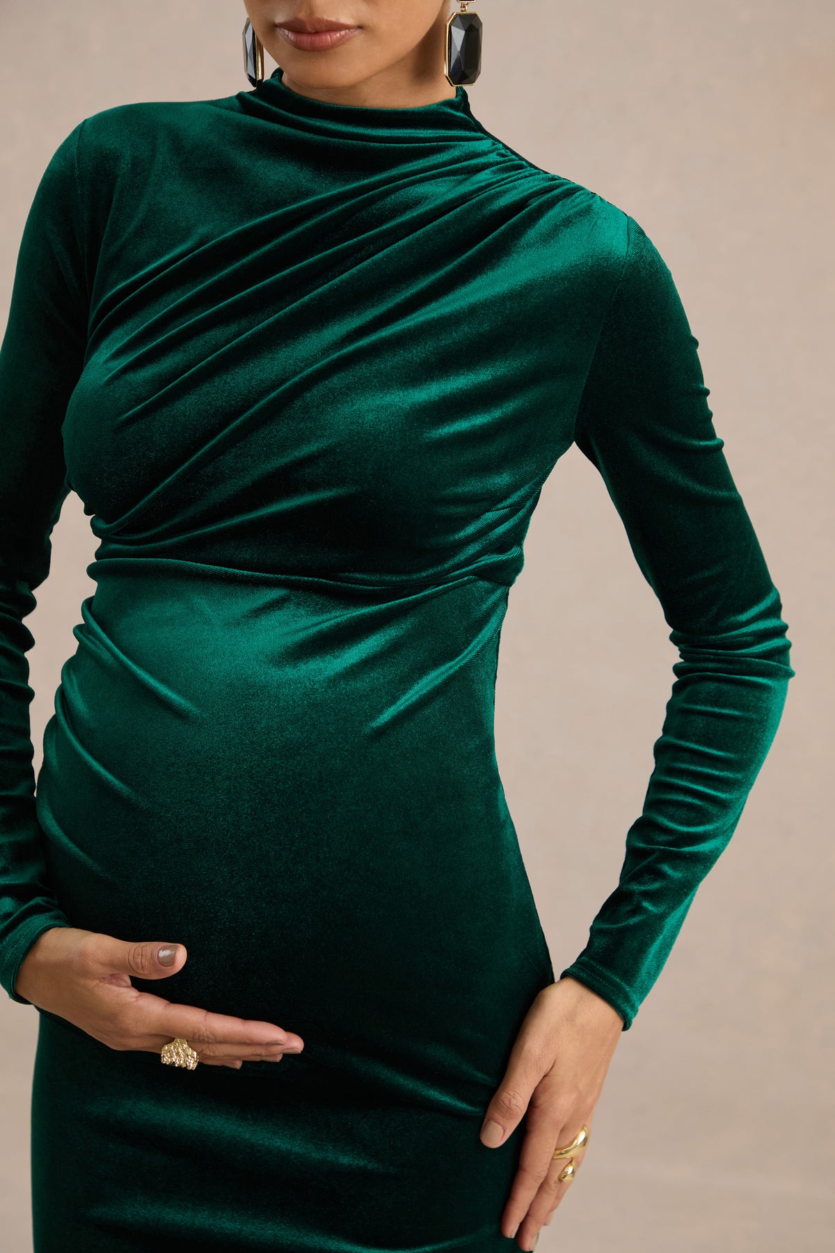 ECM_HR_CL139349038 - Kalana _ Dark Brown Velvet High Neck Long Sleeve Maternity Maxi Dess With Gathered Detailing And Back Split3.jpg