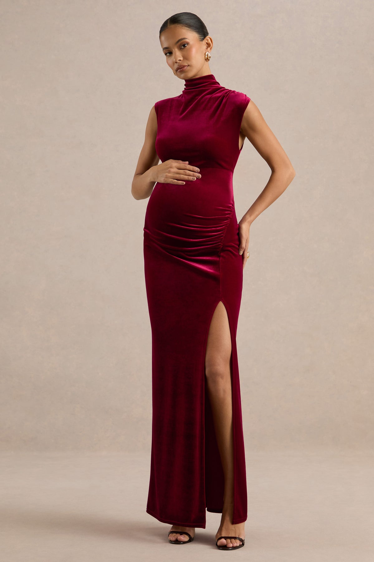 ECM_HR_CL139351101 - Kiahvana _ Berry Velvet High Neck Maternity Maxi Dress With Gathered Detailing And Split0.jpg