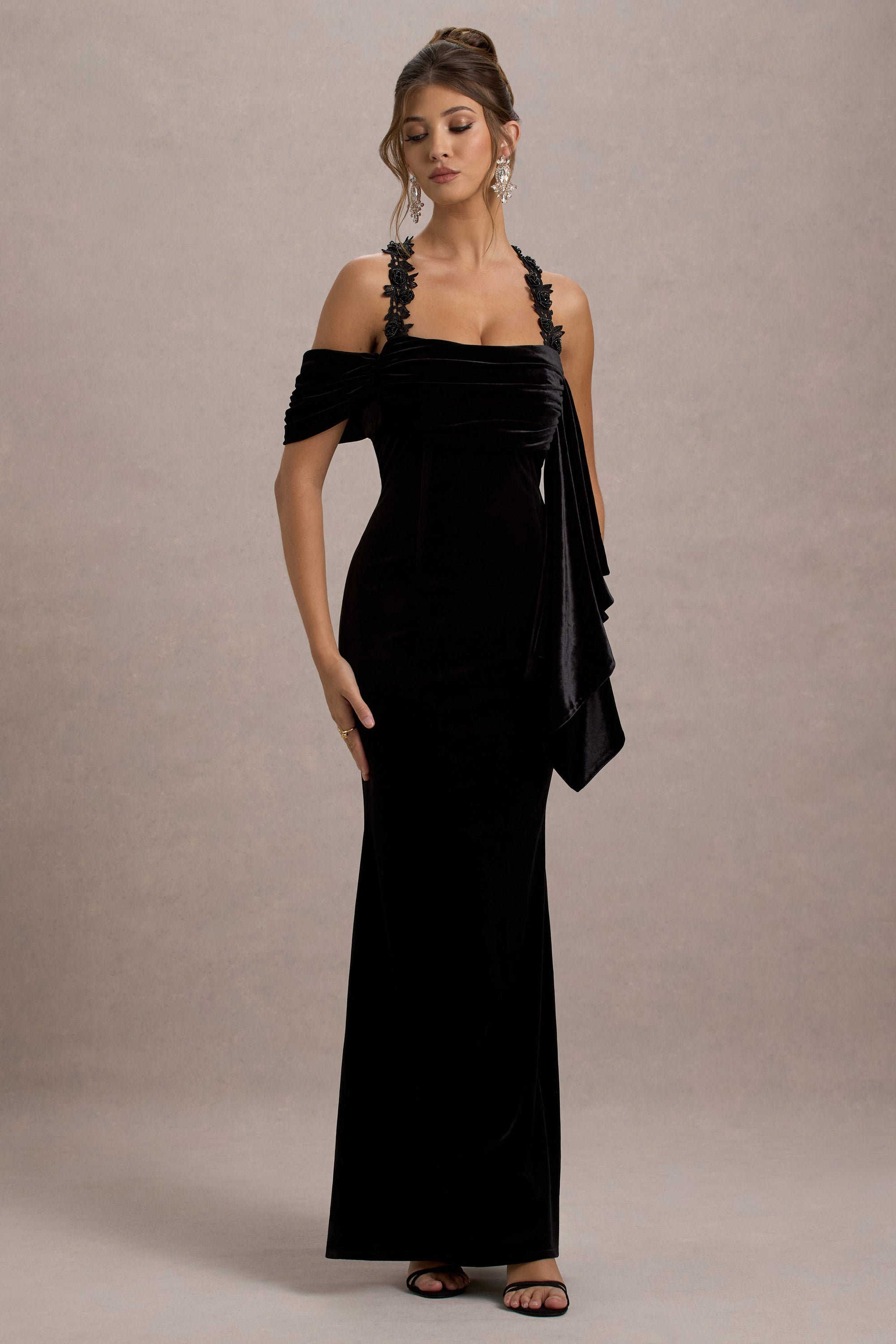 Charlize | Black Velvet Halter-Neck Draped Maxi Dress - Club L London - AUS