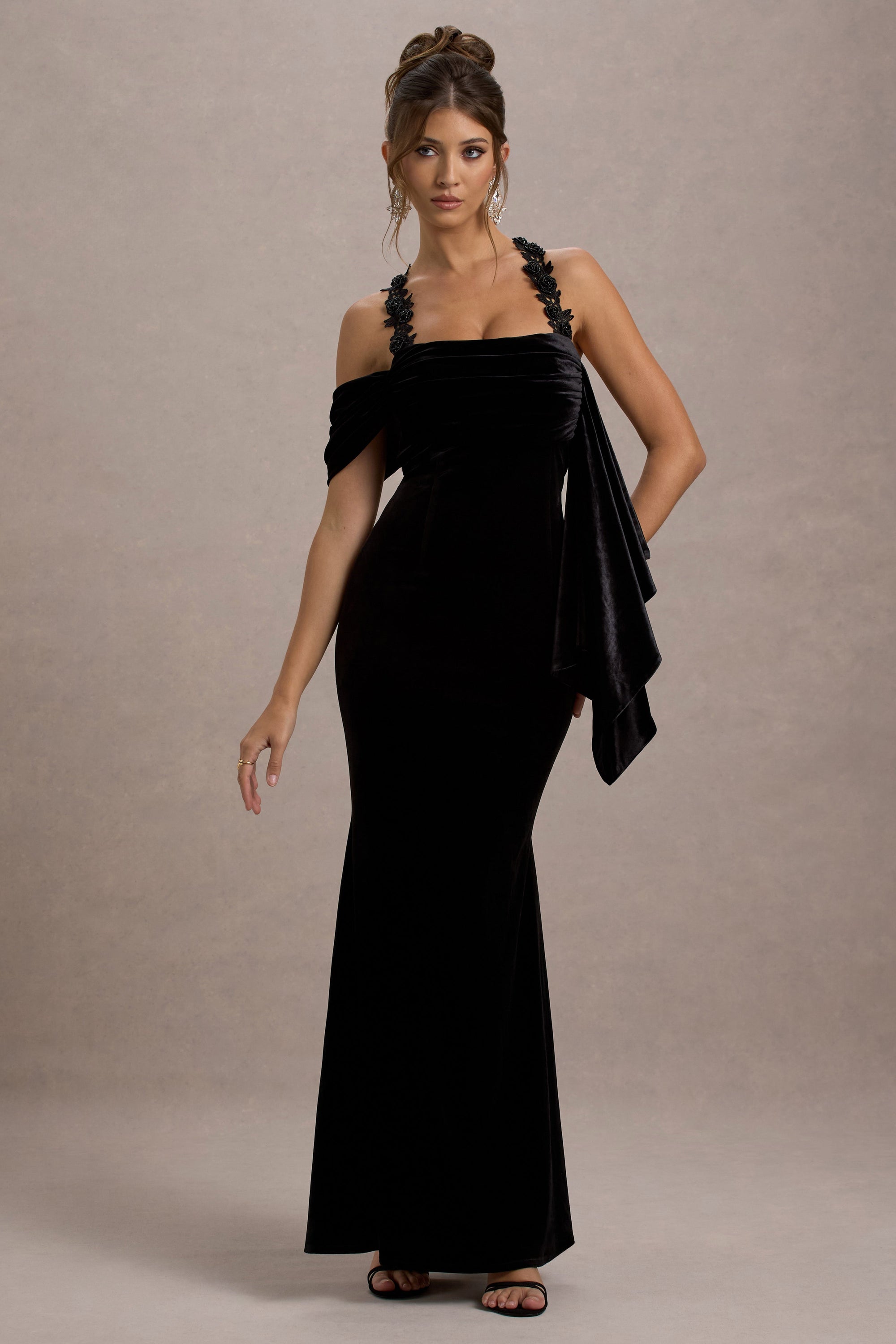 Charlize | Black Velvet Halter-Neck Draped Maxi Dress - Club L London - AUS
