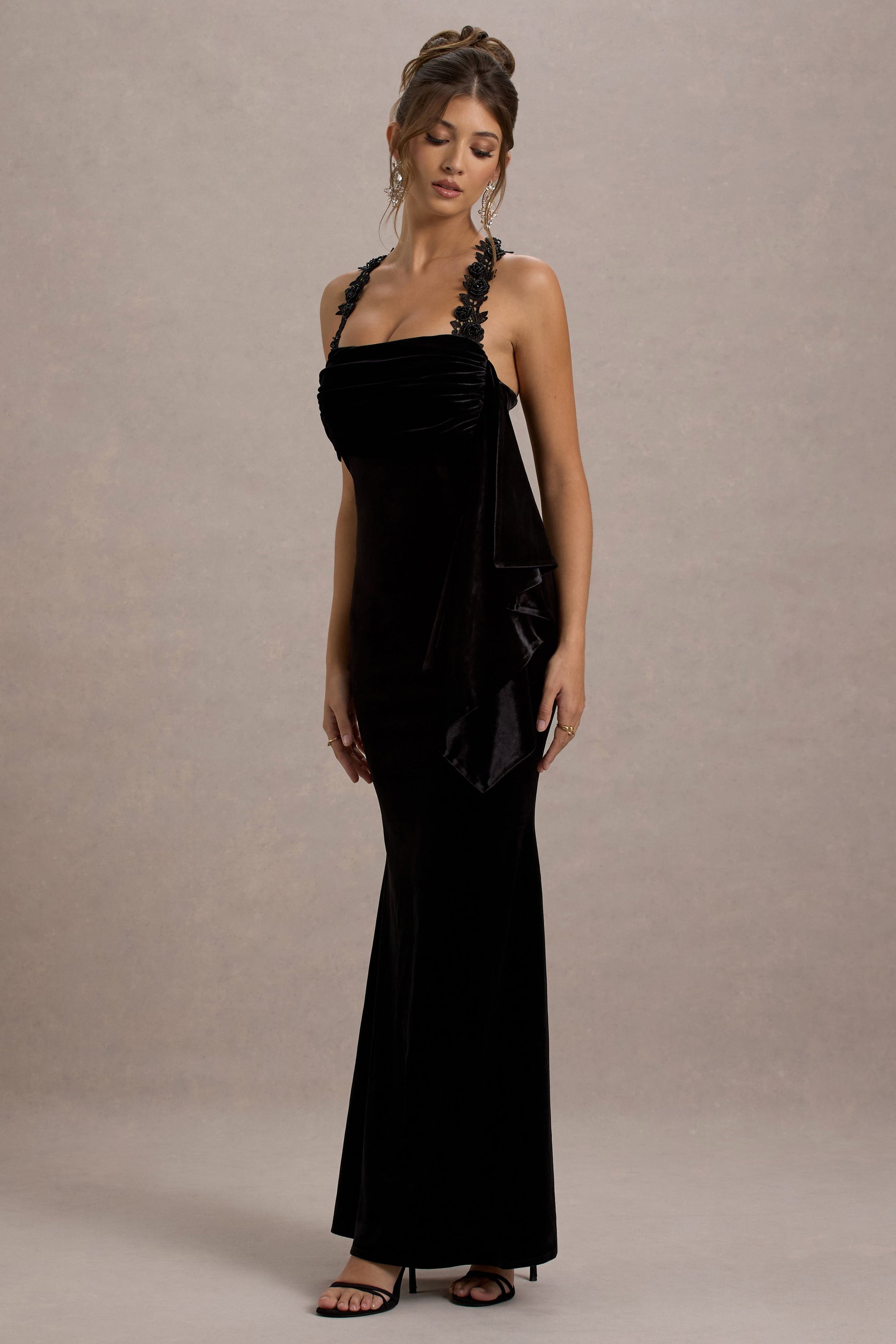 Charlize | Black Velvet Halter-Neck Draped Maxi Dress - Club L London - AUS