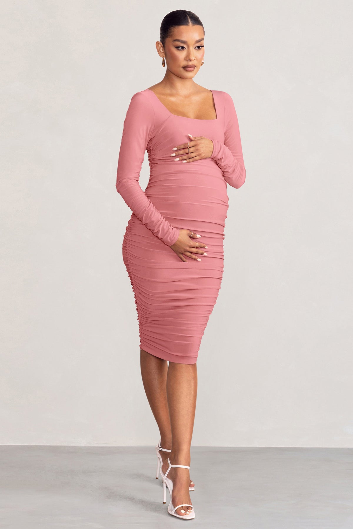 New Life Pink Maternity Square Neck Ruched Midi Dress – Club L