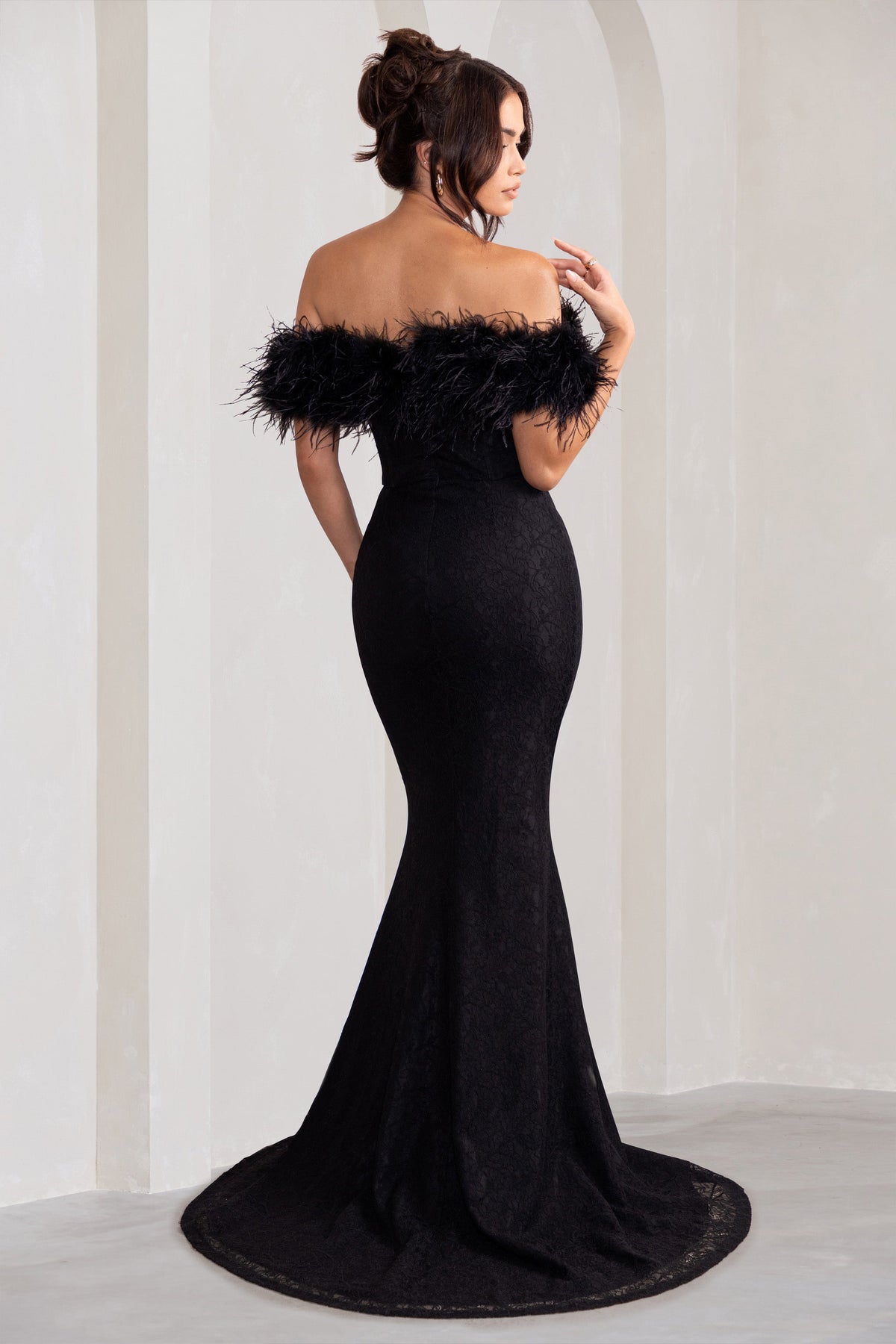 Idyll Black Lace Bardot Feather Fishtail Maxi Dress Club L