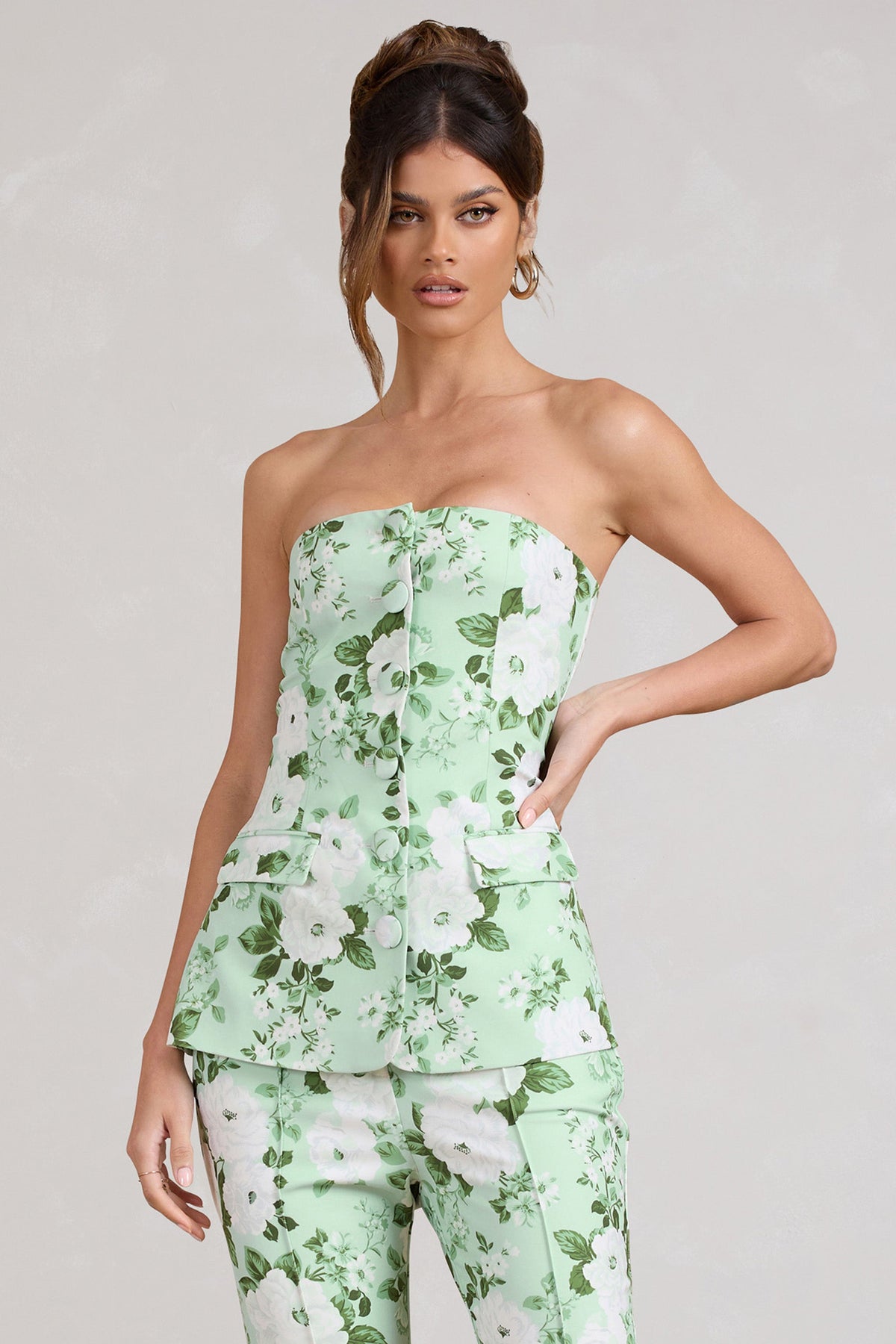 Floral Print Ruched Strapless Corset Top