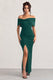 Eva | Bottle Green Bardot Bow Detail Maxi Dress With Thigh Split - Club L London - AUS