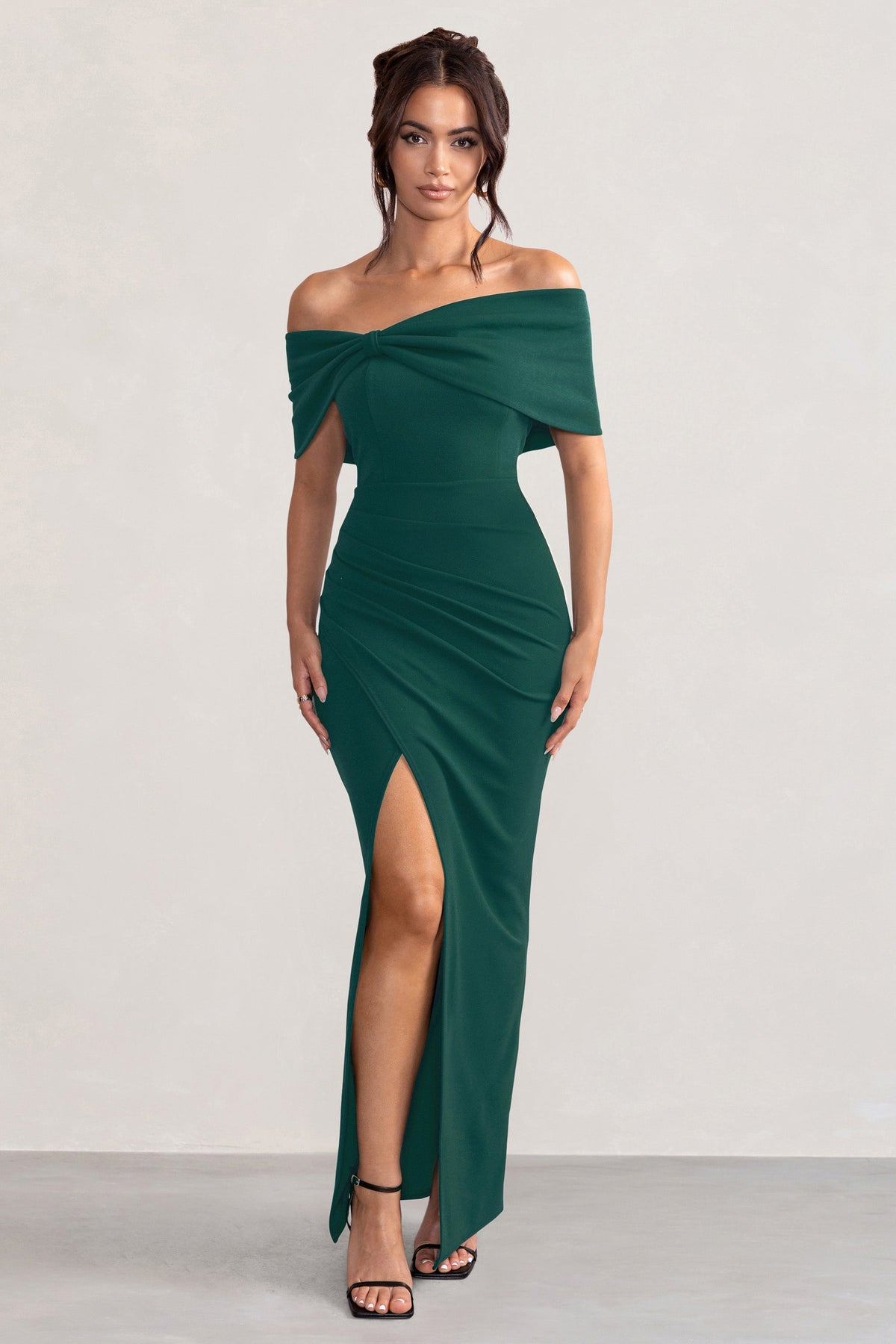 Eva | Bottle Green Bardot Bow Detail Maxi Dress With Thigh Split - Club L London - AUS