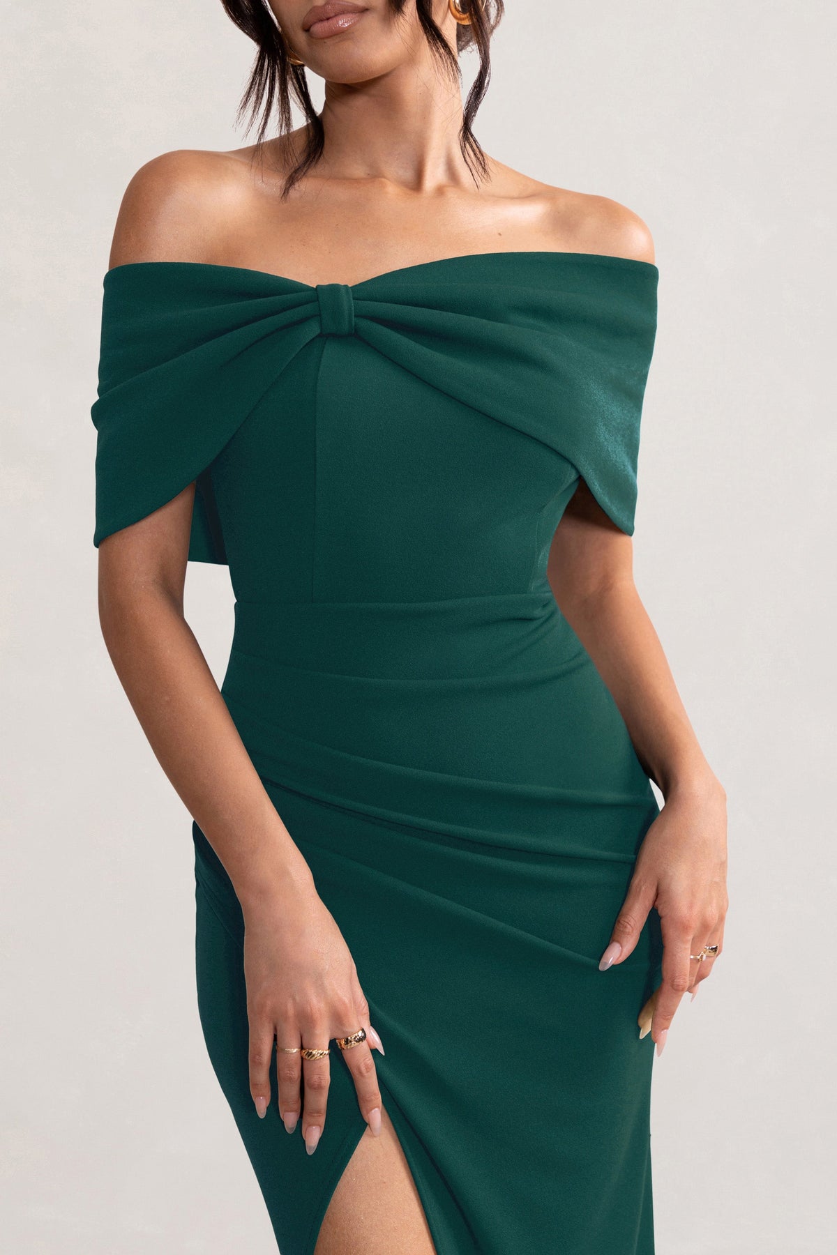 Eva | Bottle Green Bardot Bow Detail Maxi Dress With Thigh Split - Club L London - AUS