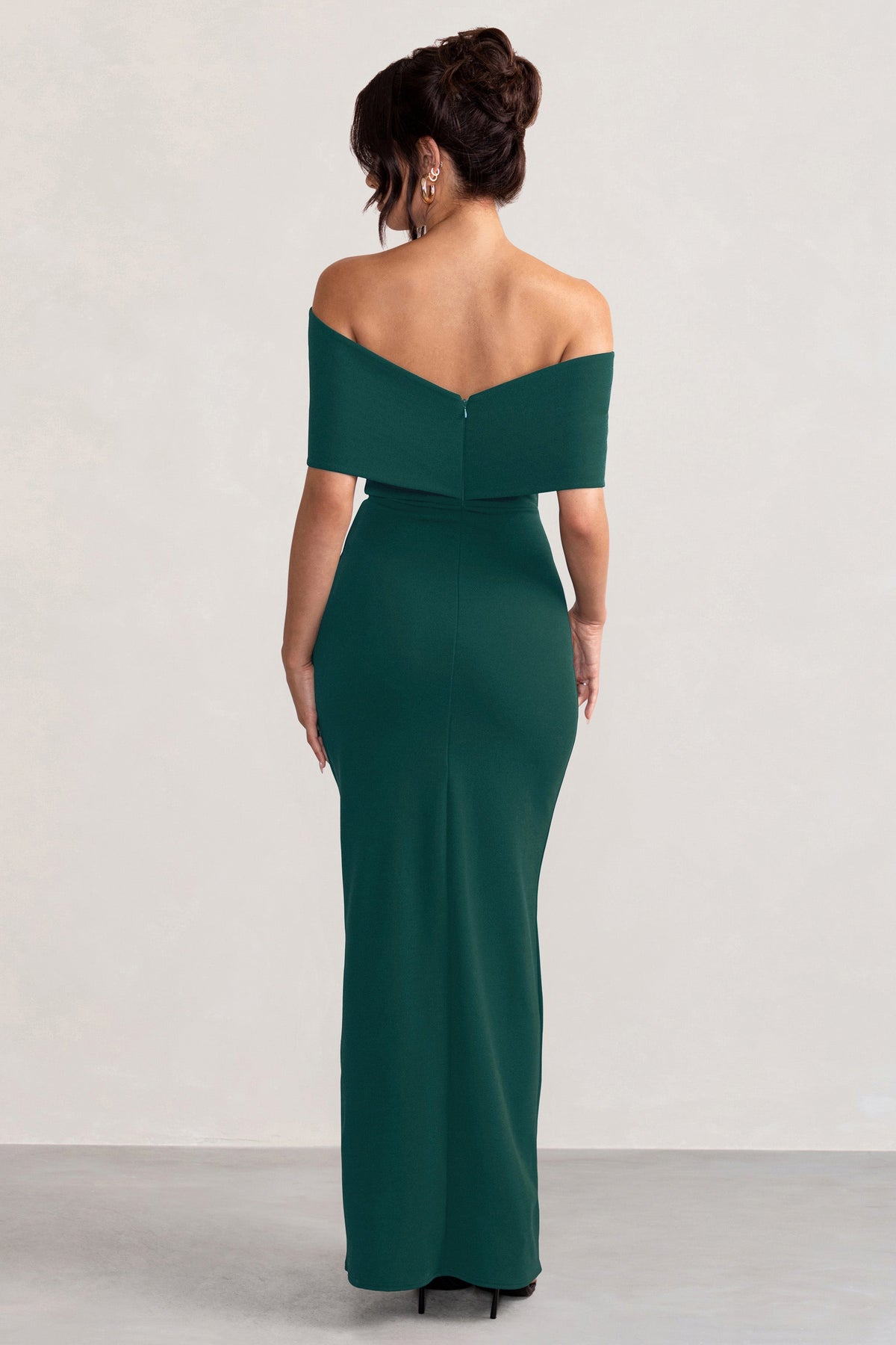 Eva | Bottle Green Bardot Bow Detail Maxi Dress With Thigh Split - Club L London - AUS