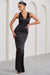 Emery | Black Satin Plunge Neck Strappy Back Maxi Dress - Club L London - AUS