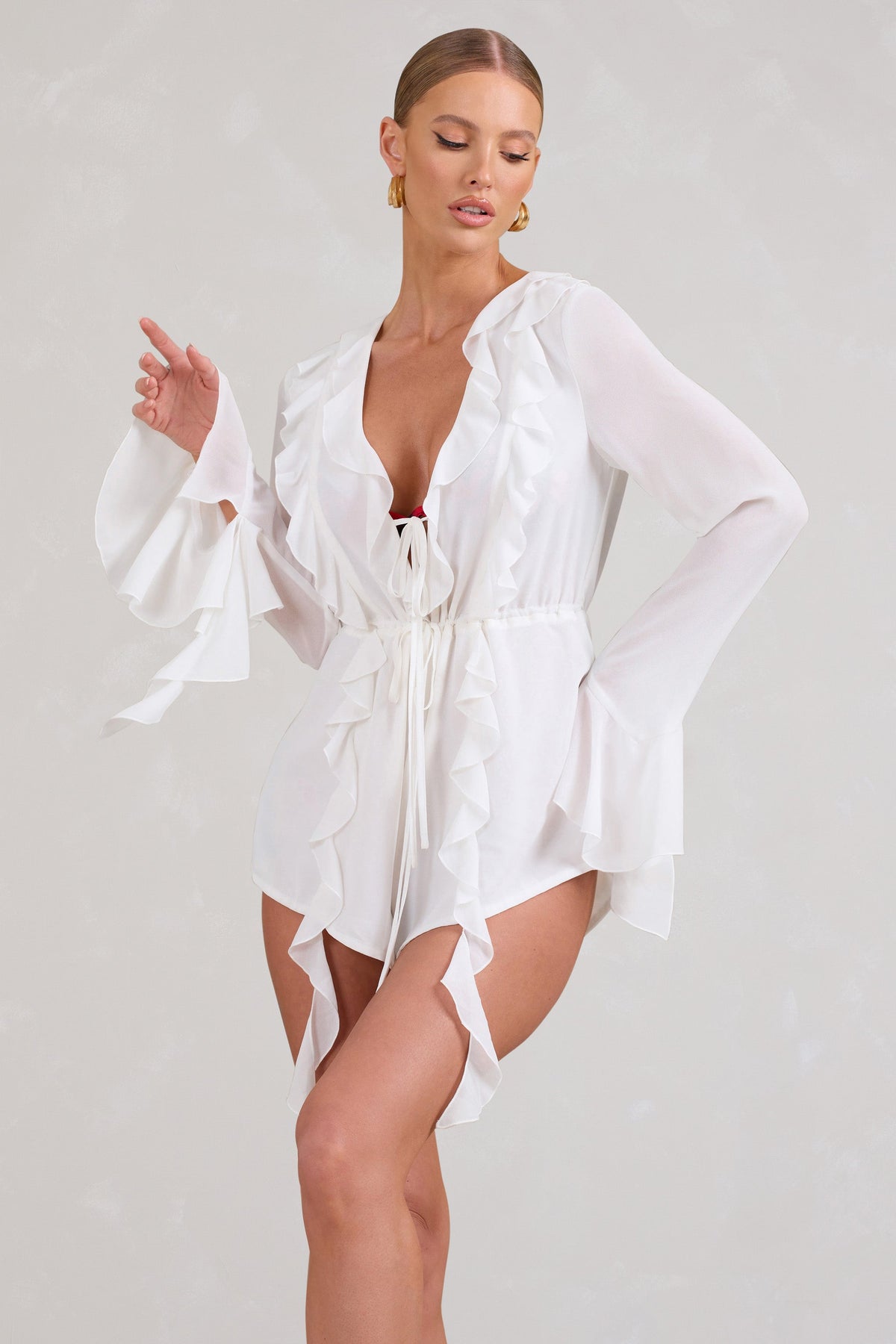 Sauvage | White Chiffon Ruffle Plunge Long Sleeve Playsuit - Club L London - AUS