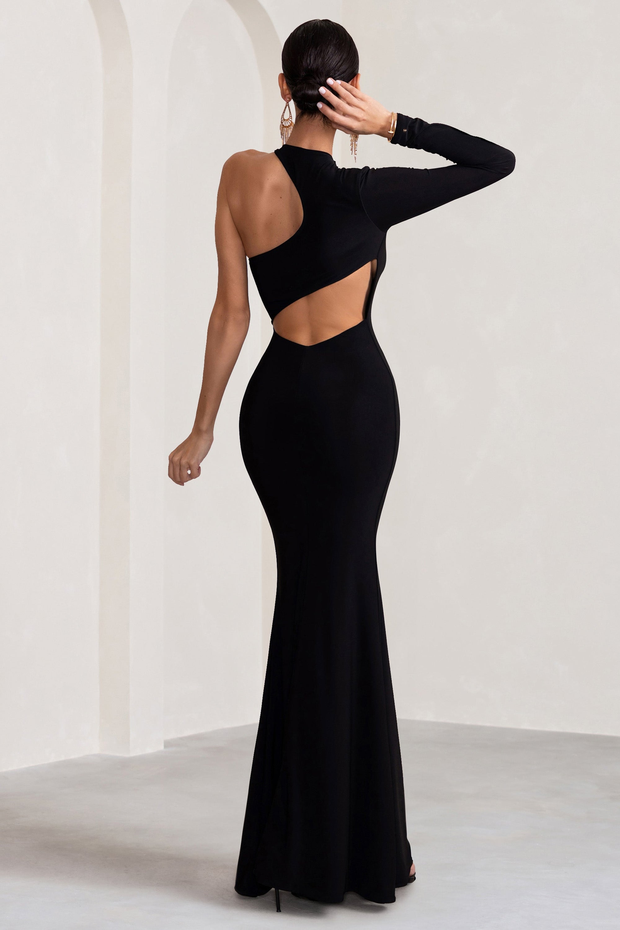 Tyra | Black Asymmetric Neck Cut Out Maxi Dress With Open Back Detail - Club L London - AUS