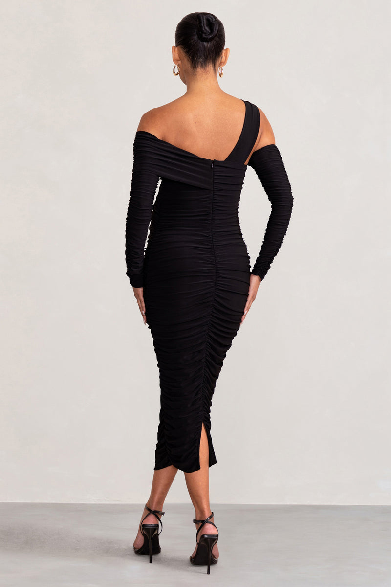 Neile Black Asymmetric Bardot Maternity Midi Dress with Sleeves – Club ...