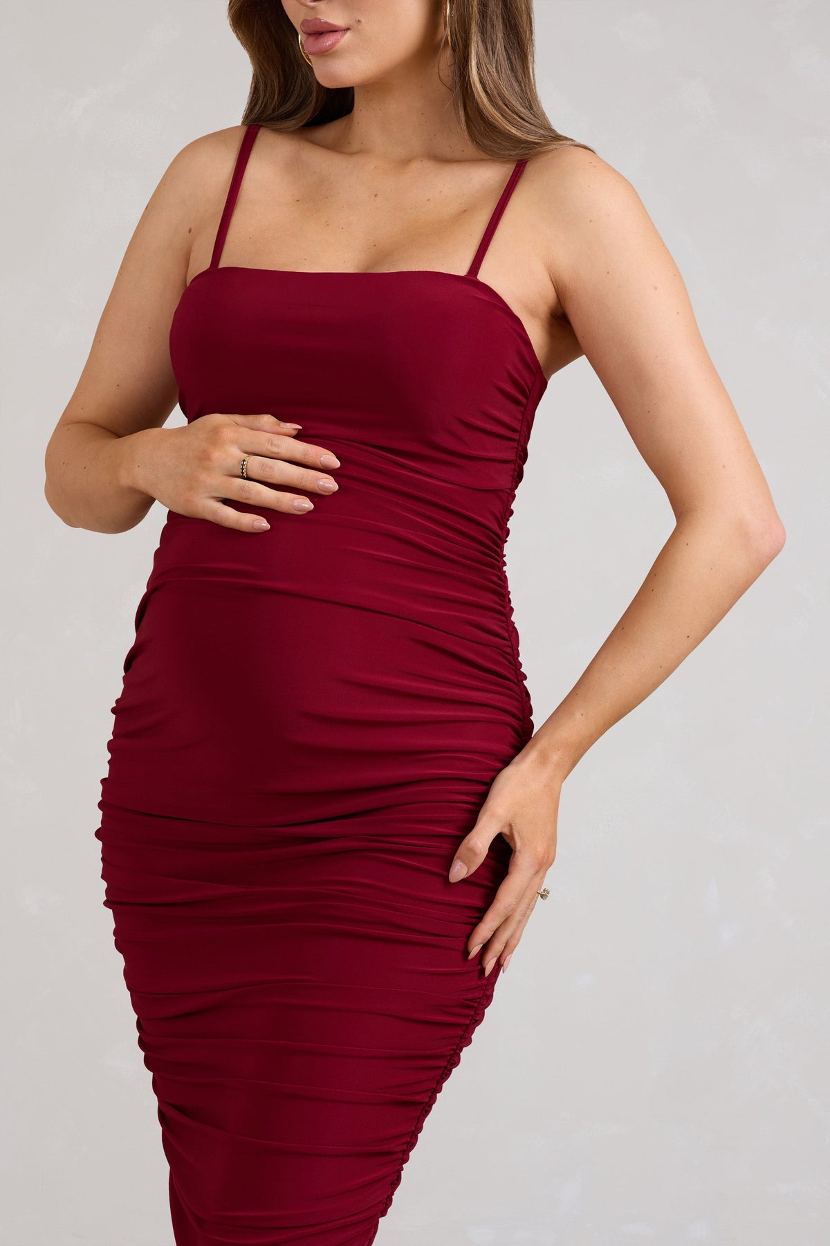 Sentimental Wine Red Maternity Midi Dress with Cami Straps and