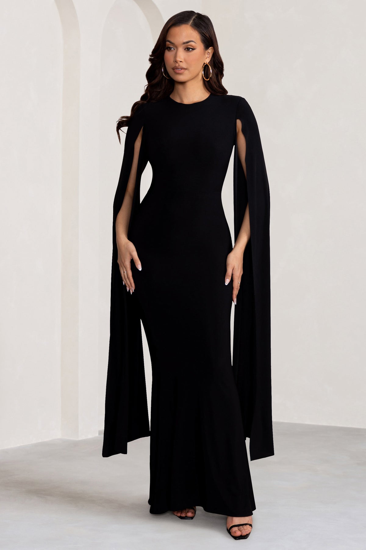 Kimmy Black High Neck Maxi Dress with Cape Sleeves Club L London