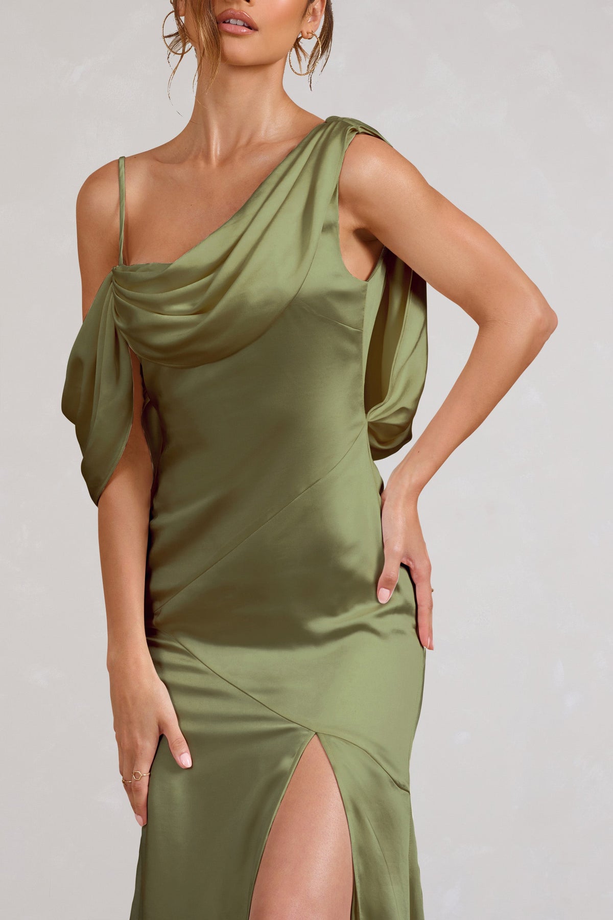 Unstoppable Olive Green Satin Cross Over Halter Neck Maxi Dress